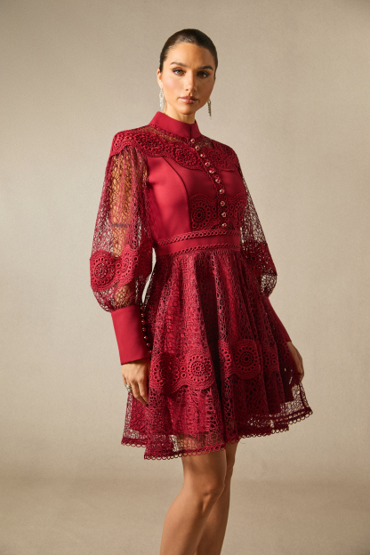 Charlotte High Neck Puff Sleeve Lace Mini Dress