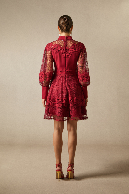 Charlotte High Neck Puff Sleeve Lace Mini Dress