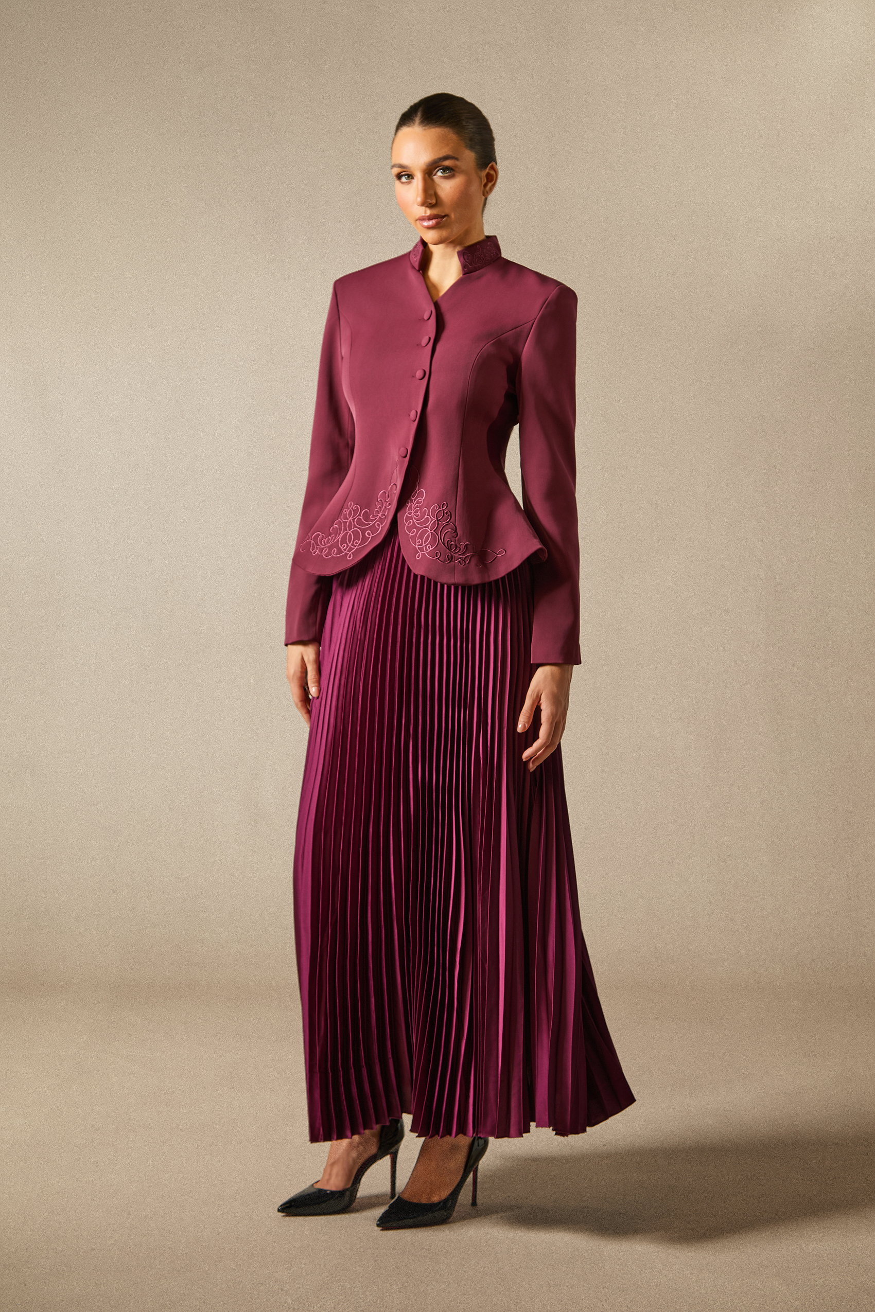 Modest Dresses: Christine Embroidery Pleated Skirt Set - Stylish