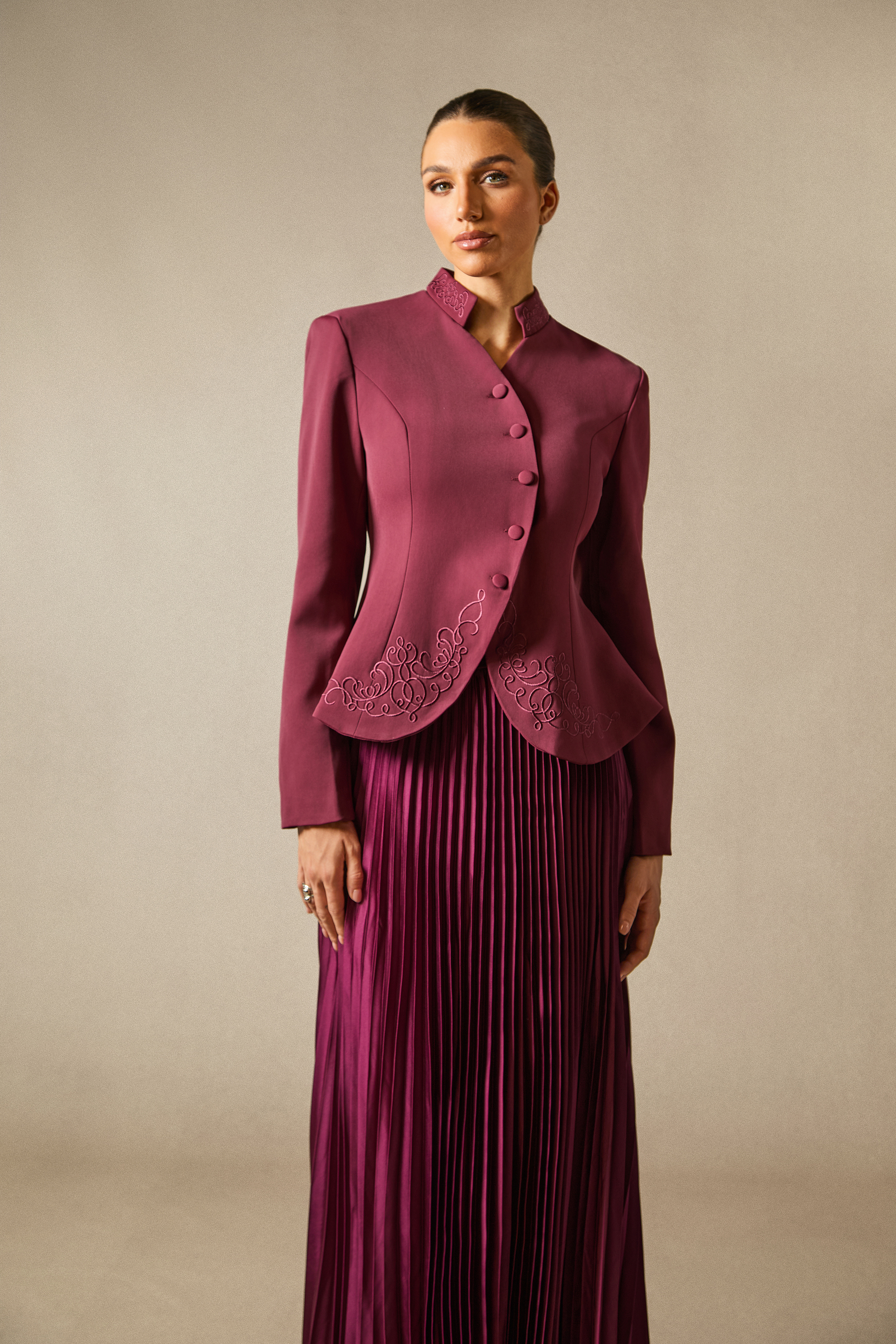 Modest Dresses: Christine Embroidery Pleated Skirt Set - Stylish