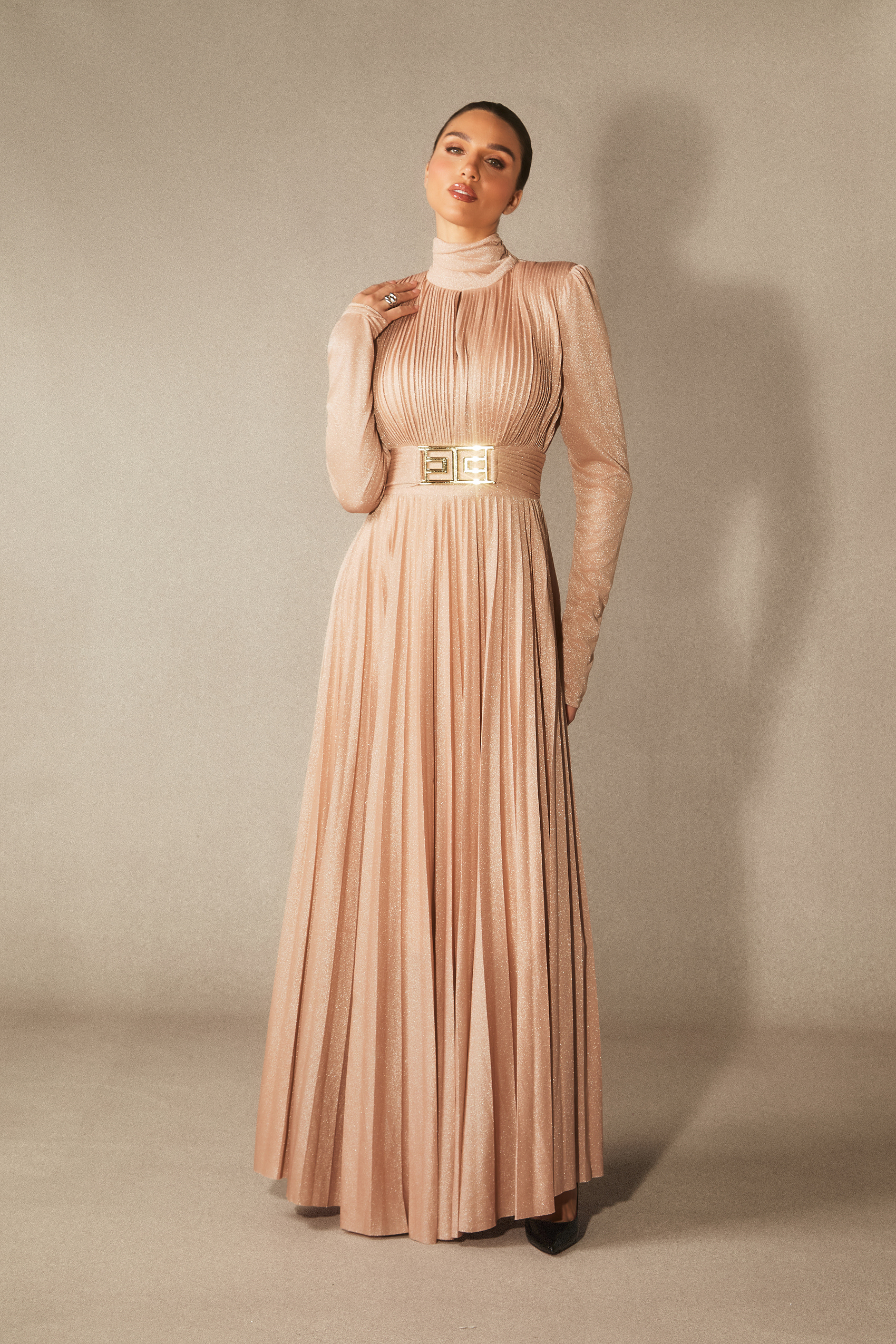 Elsie Metallic Pleated Belted Maxi Dress