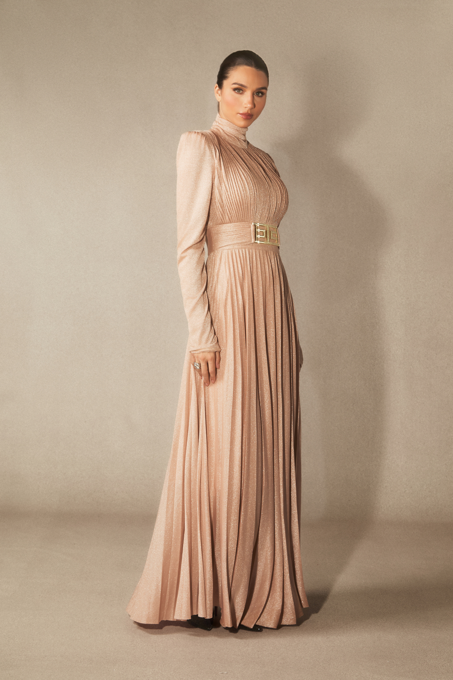 Elsie Metallic Pleated Belted Maxi Dress