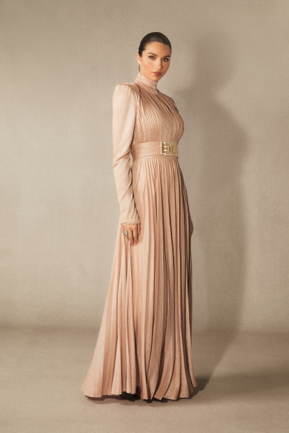 Elsie Metallic Pleated Belted Maxi Dress