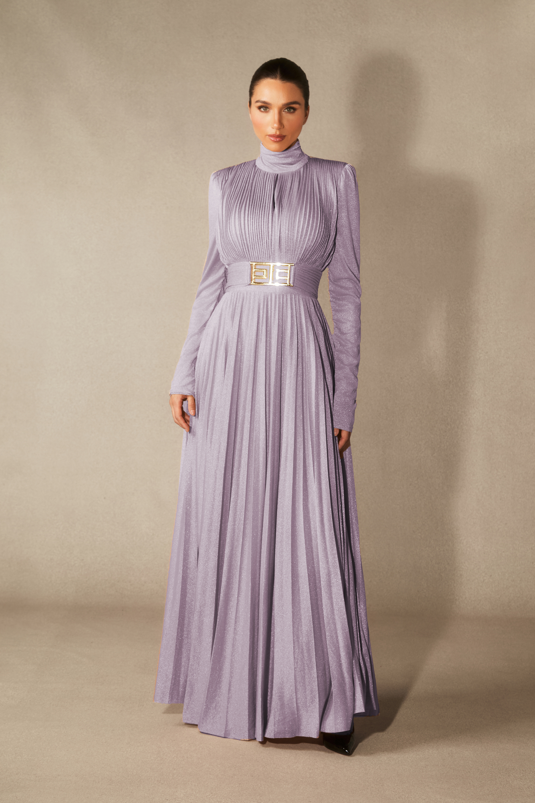 Elsie Metallic Pleated Belted Maxi Dress