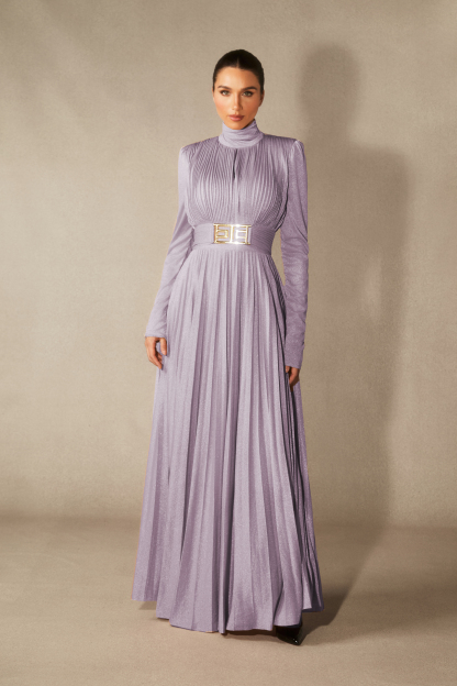 Elsie Metallic Pleated Belted Maxi Dress