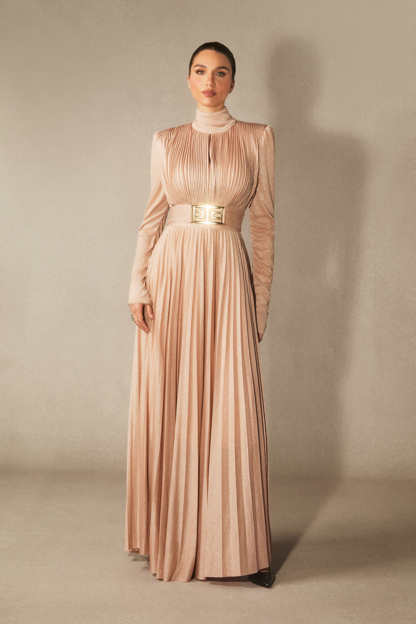 Elsie Metallic Pleated Belted Maxi Dress