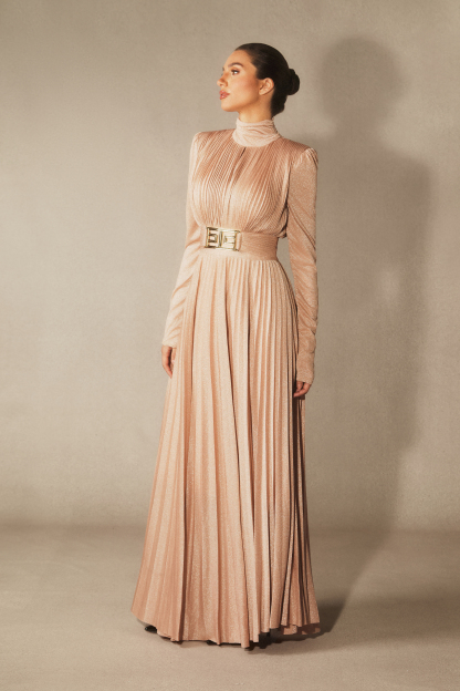 Elsie Metallic Pleated Belted Maxi Dress