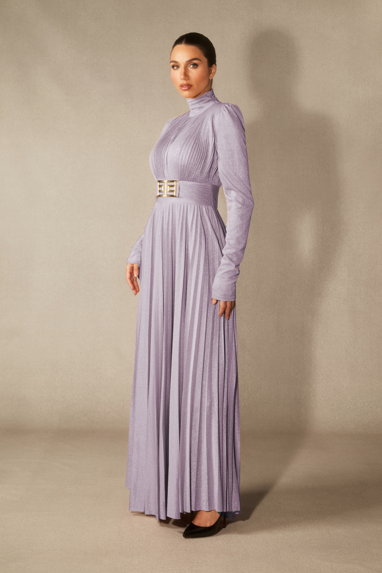 Elsie Metallic Pleated Belted Maxi Dress