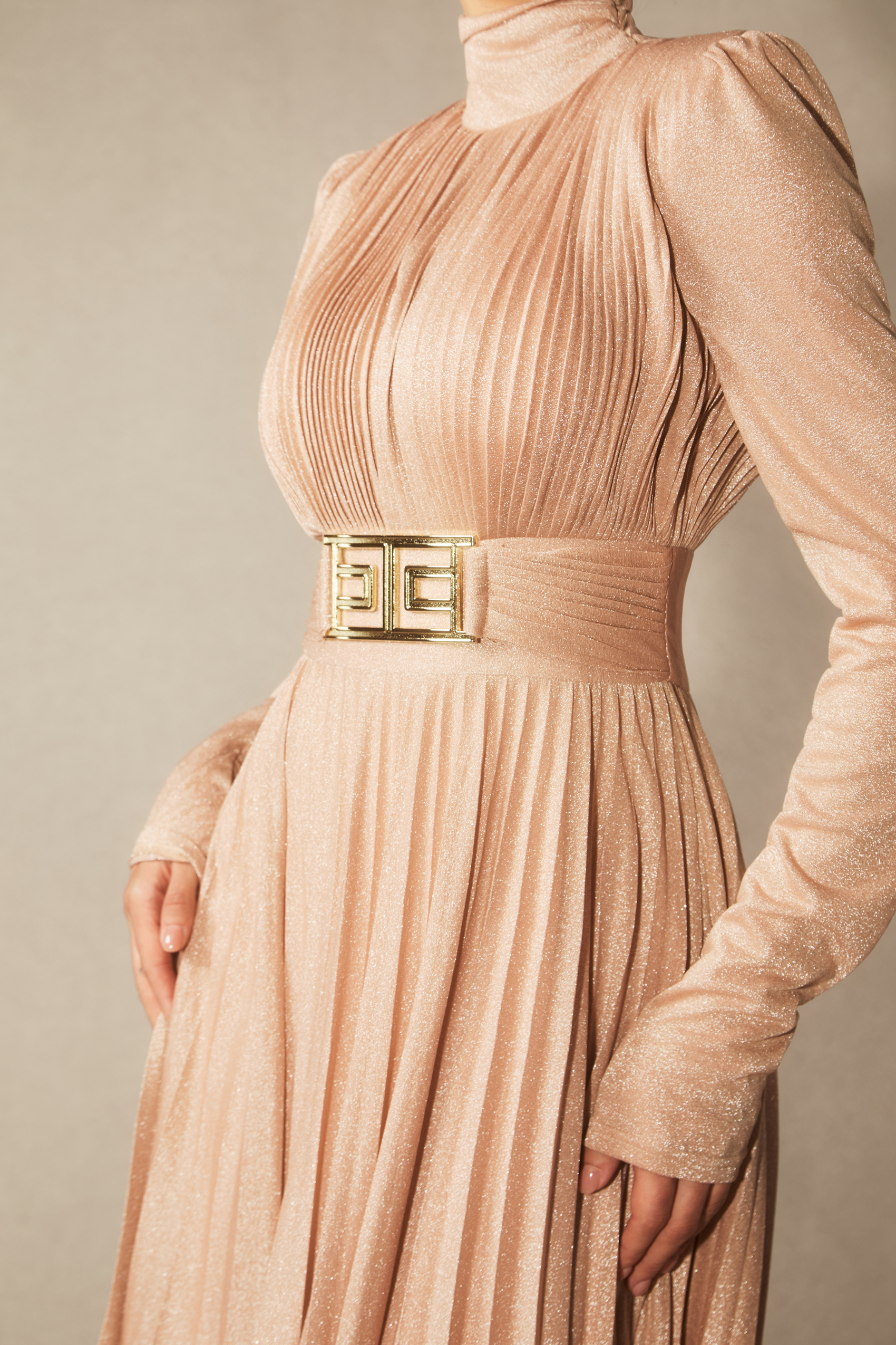 Elsie Metallic Pleated Belted Maxi Dress