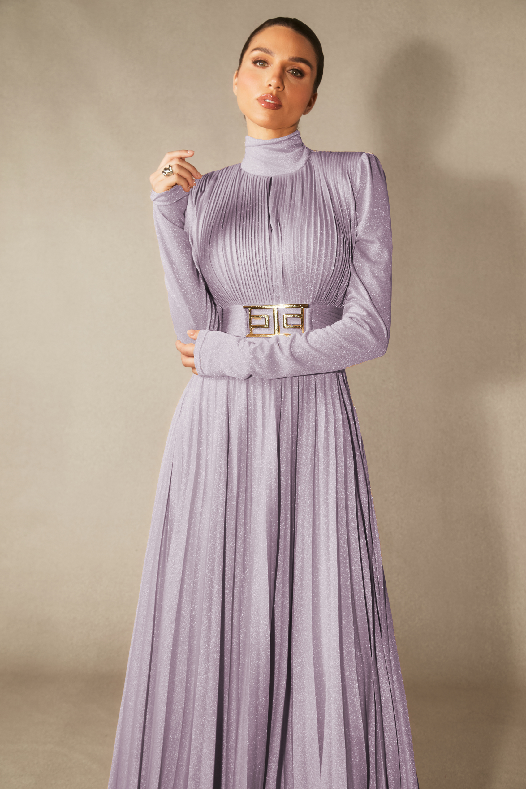 Elsie Metallic Pleated Belted Maxi Dress
