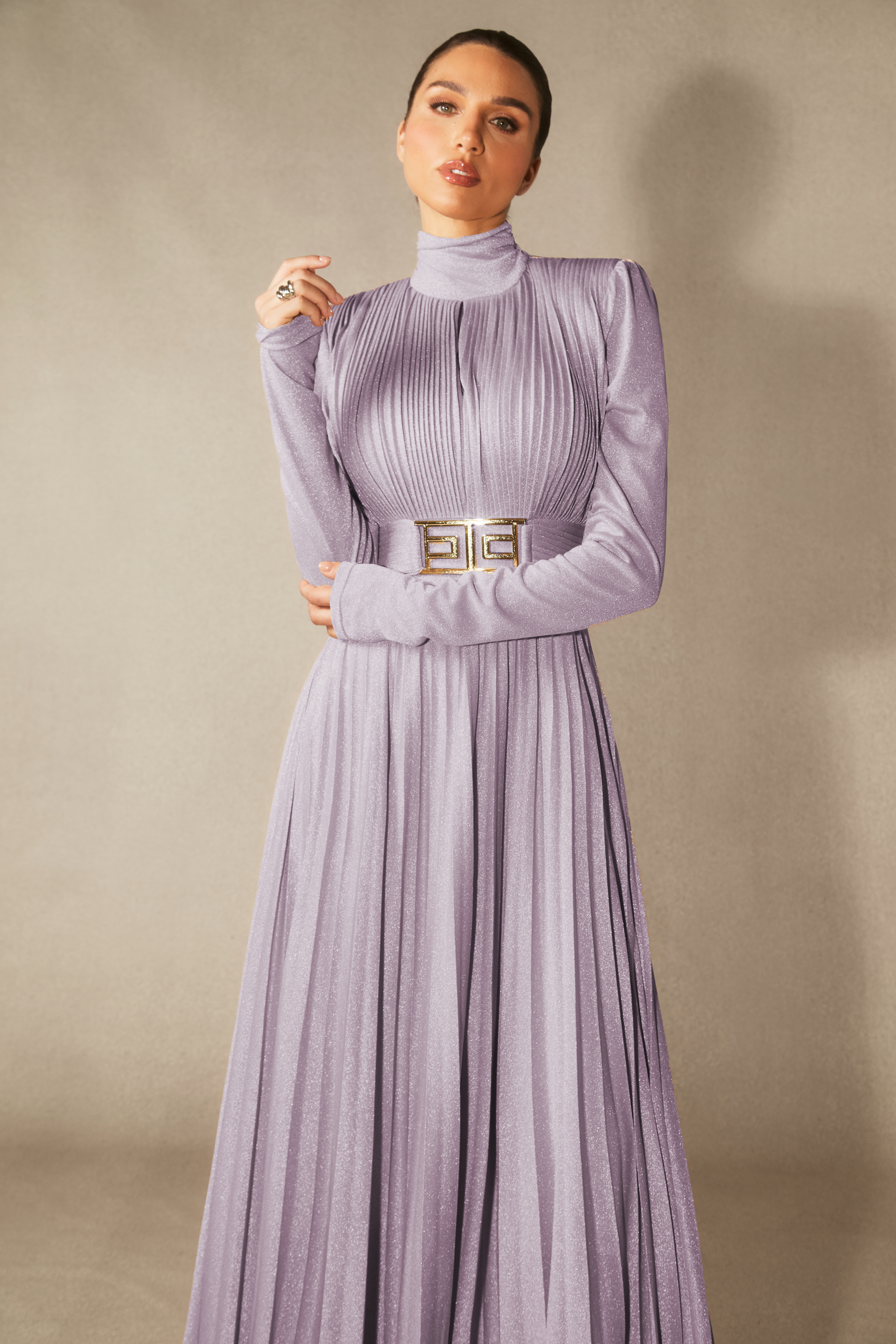 Elsie Metallic Pleated Belted Maxi Dress