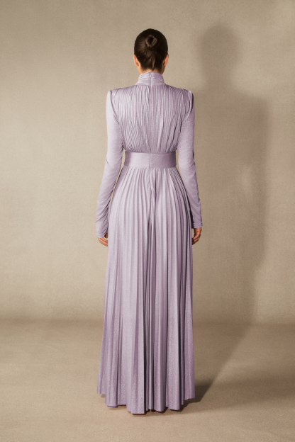 Elsie Metallic Pleated Belted Maxi Dress
