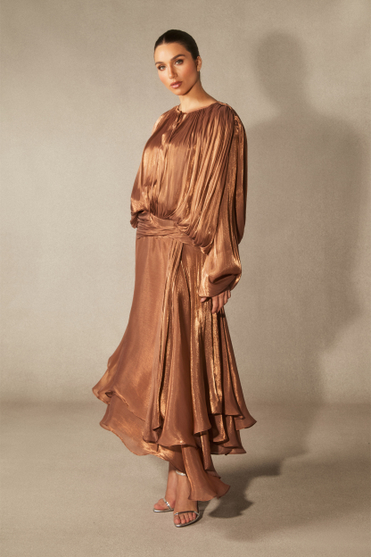 Leanna Long Sleeve Ruffled Hem Midi Dress