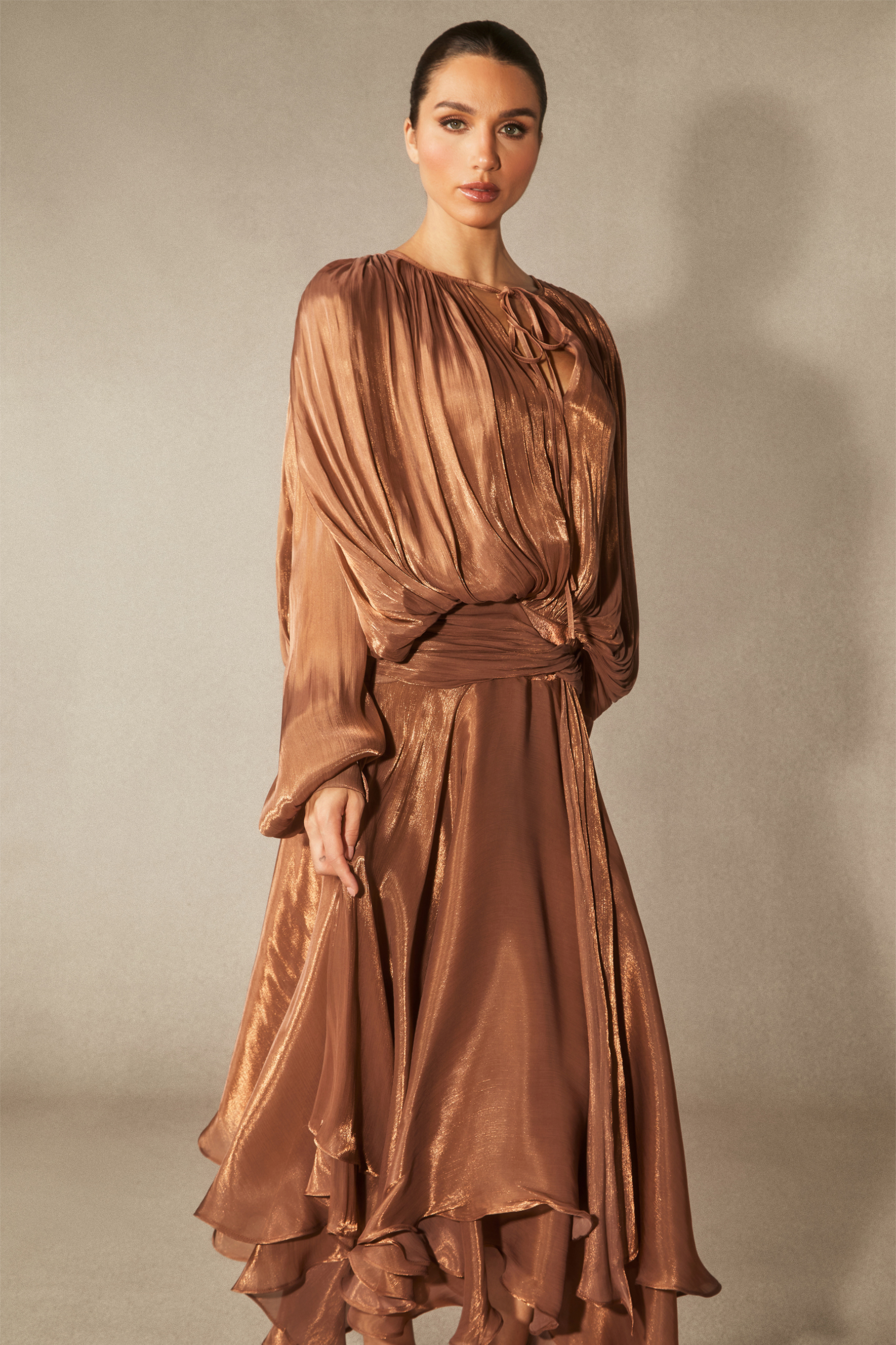 Leanna Long Sleeve Ruffled Hem Midi Dress