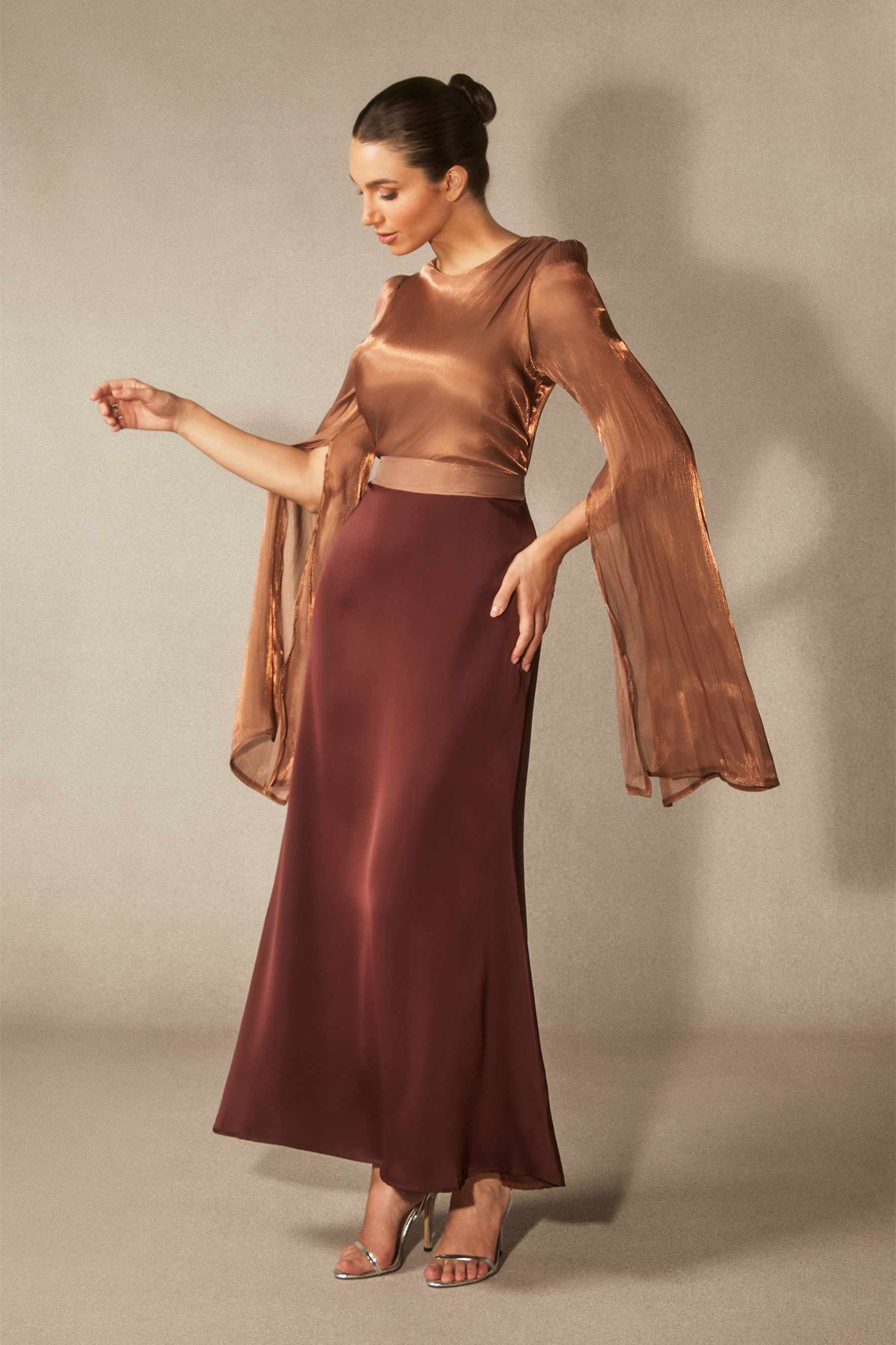 Marcia Long Sleeve Ruched Organza Maxi Dress