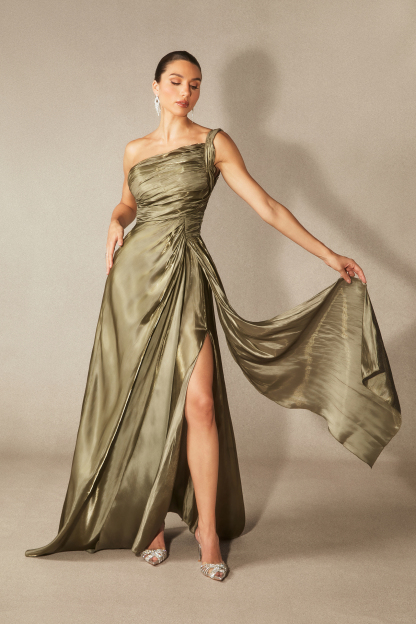 Eva One Shoulder Pleated Maxi Dress