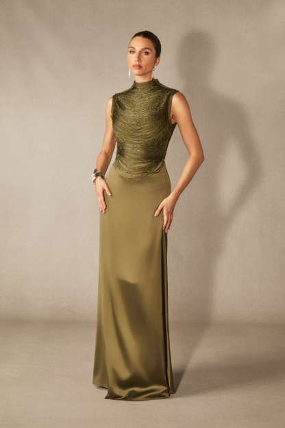 Alisha Sleeveless Beaded Crop Top & Satin Skirt Set