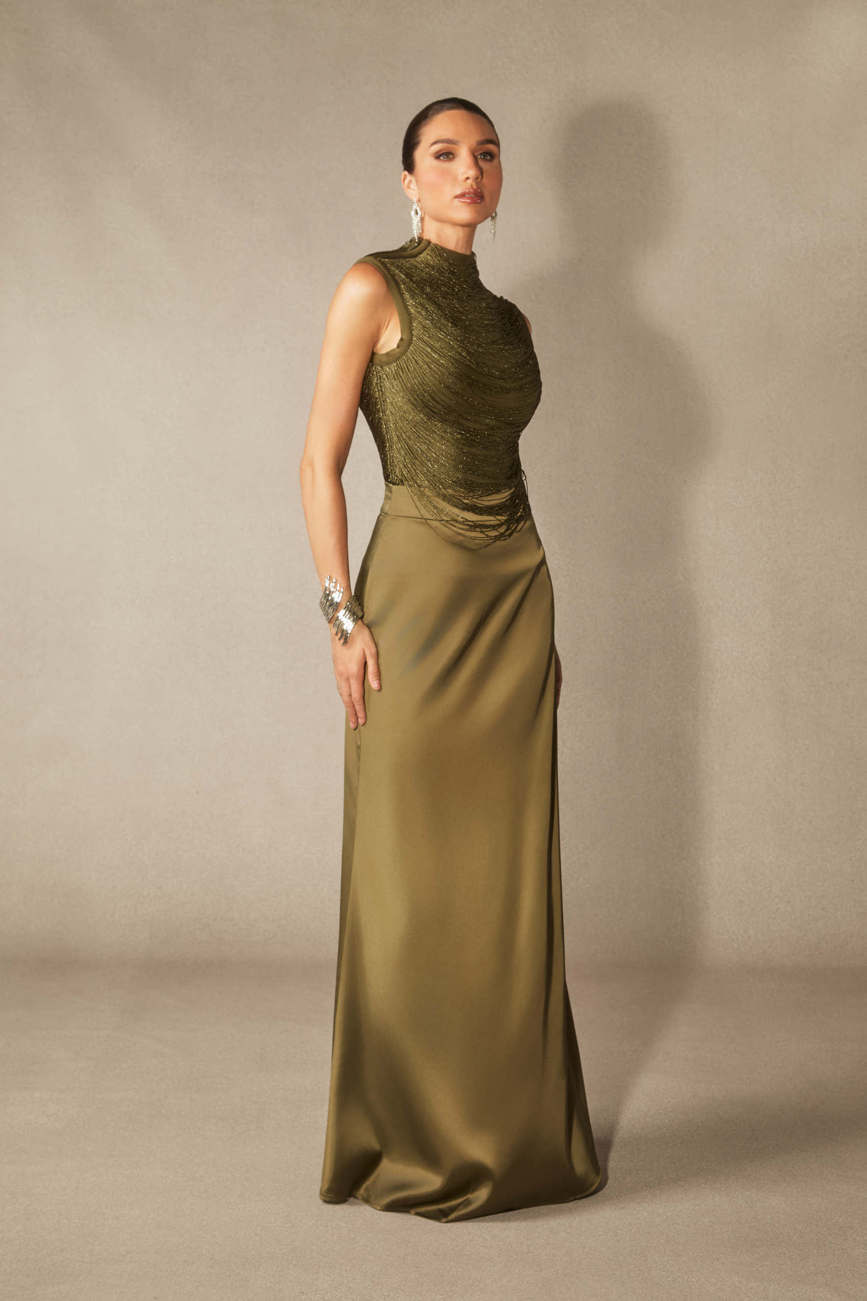 Alisha Sleeveless Beaded Crop Top & Satin Skirt Set