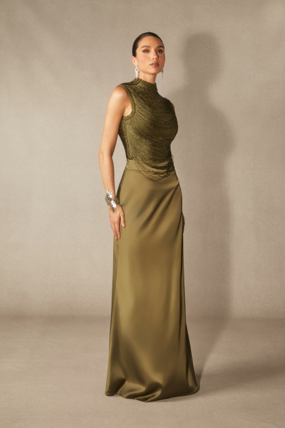 Alisha Sleeveless Beaded Crop Top & Satin Skirt Set