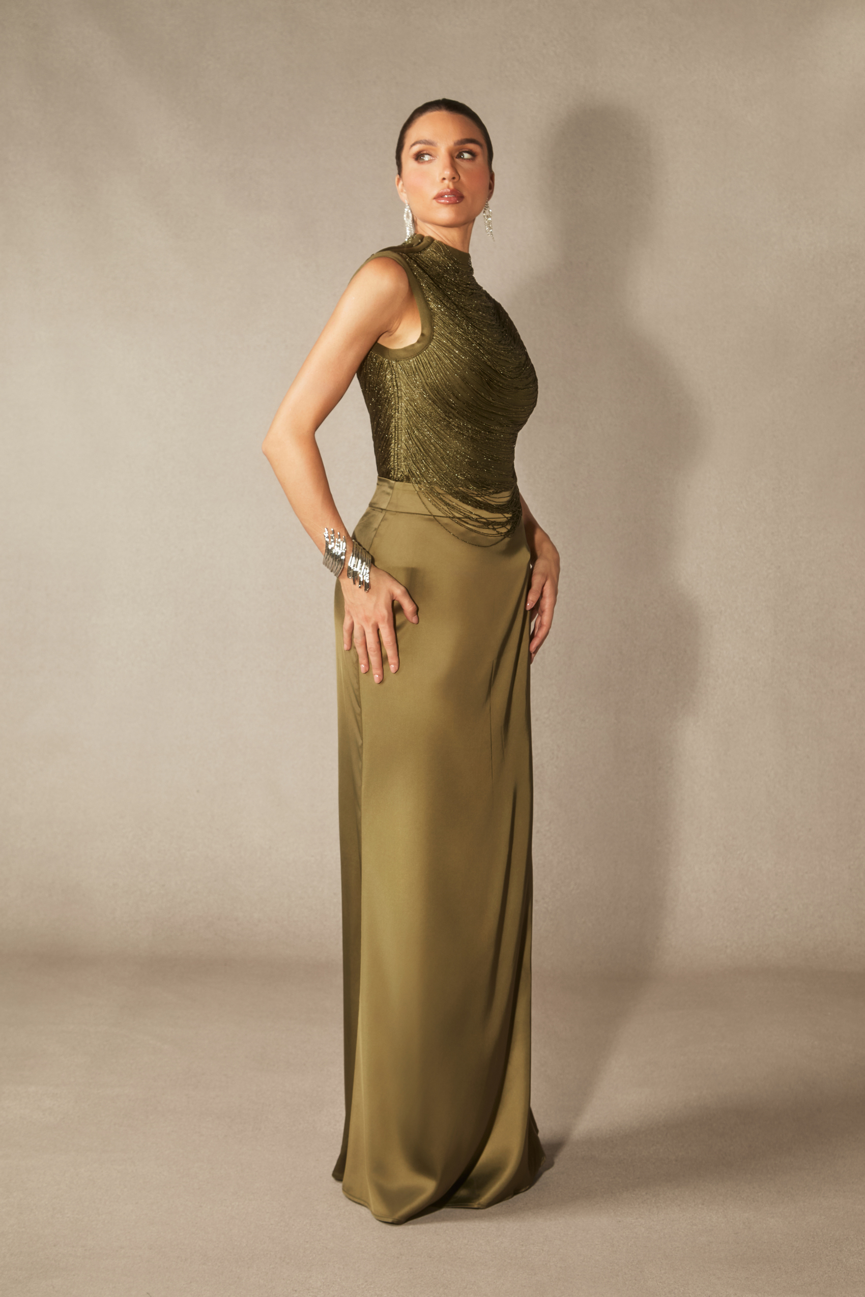 Alisha Sleeveless Beaded Crop Top & Satin Skirt Set