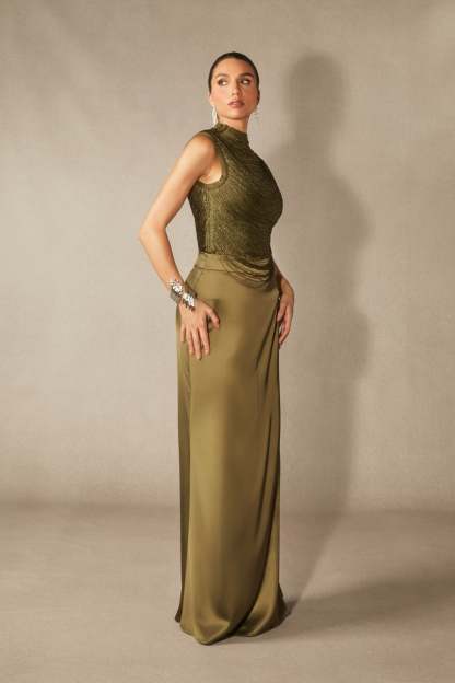 Alisha Sleeveless Beaded Crop Top & Satin Skirt Set