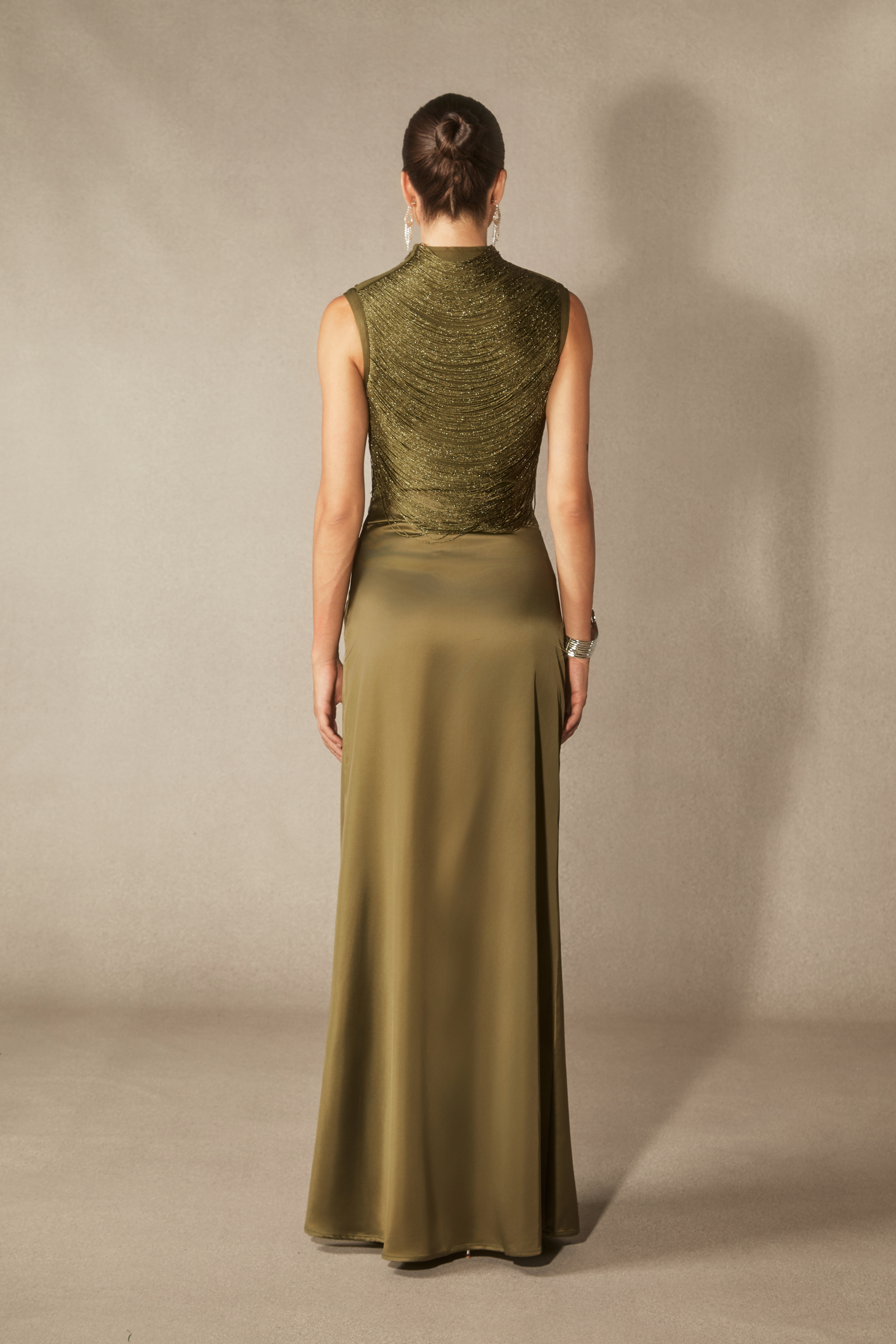 Alisha Sleeveless Beaded Crop Top & Satin Skirt Set