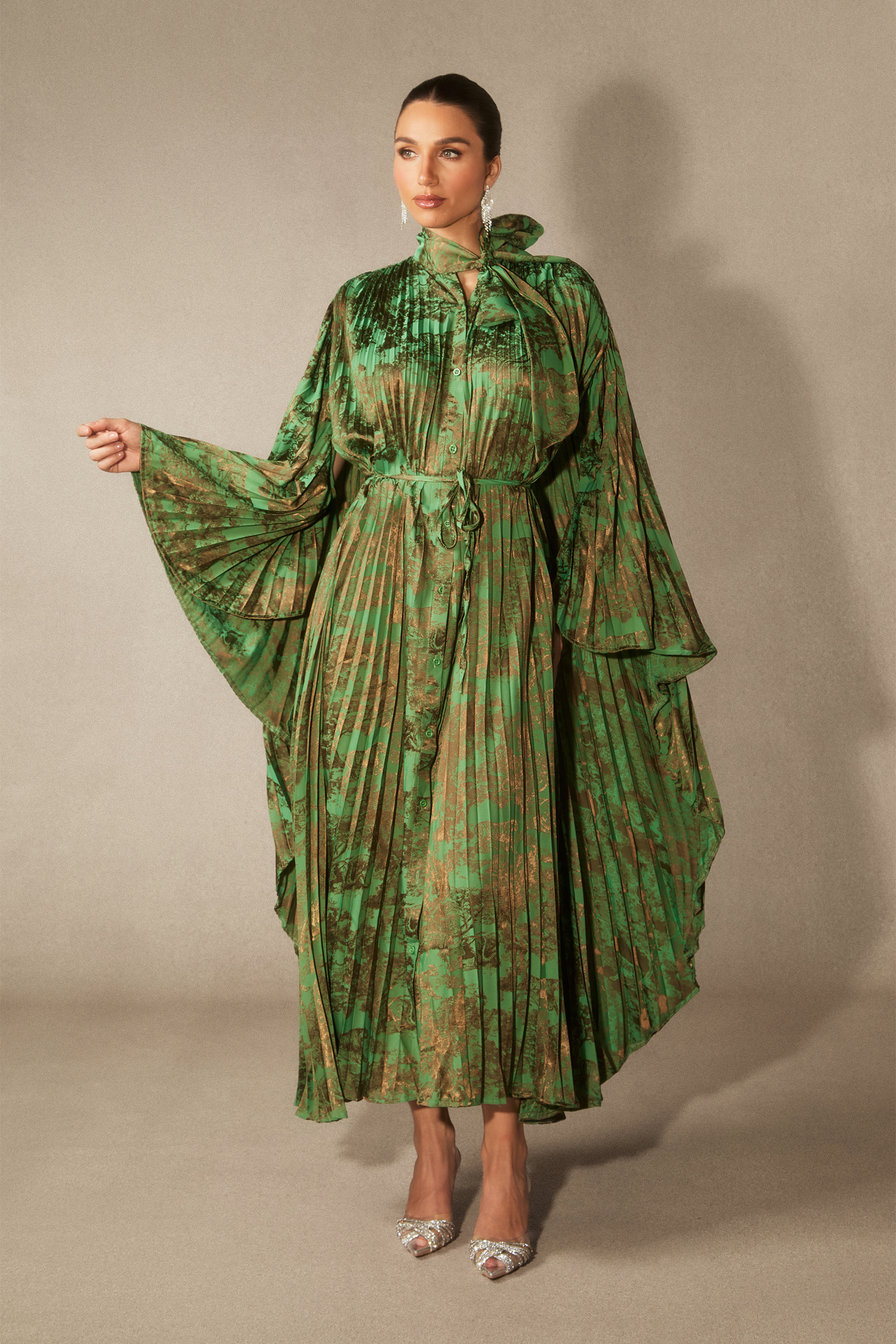 Leona Pleated Bodice Cape Sleeve Maxi Dress