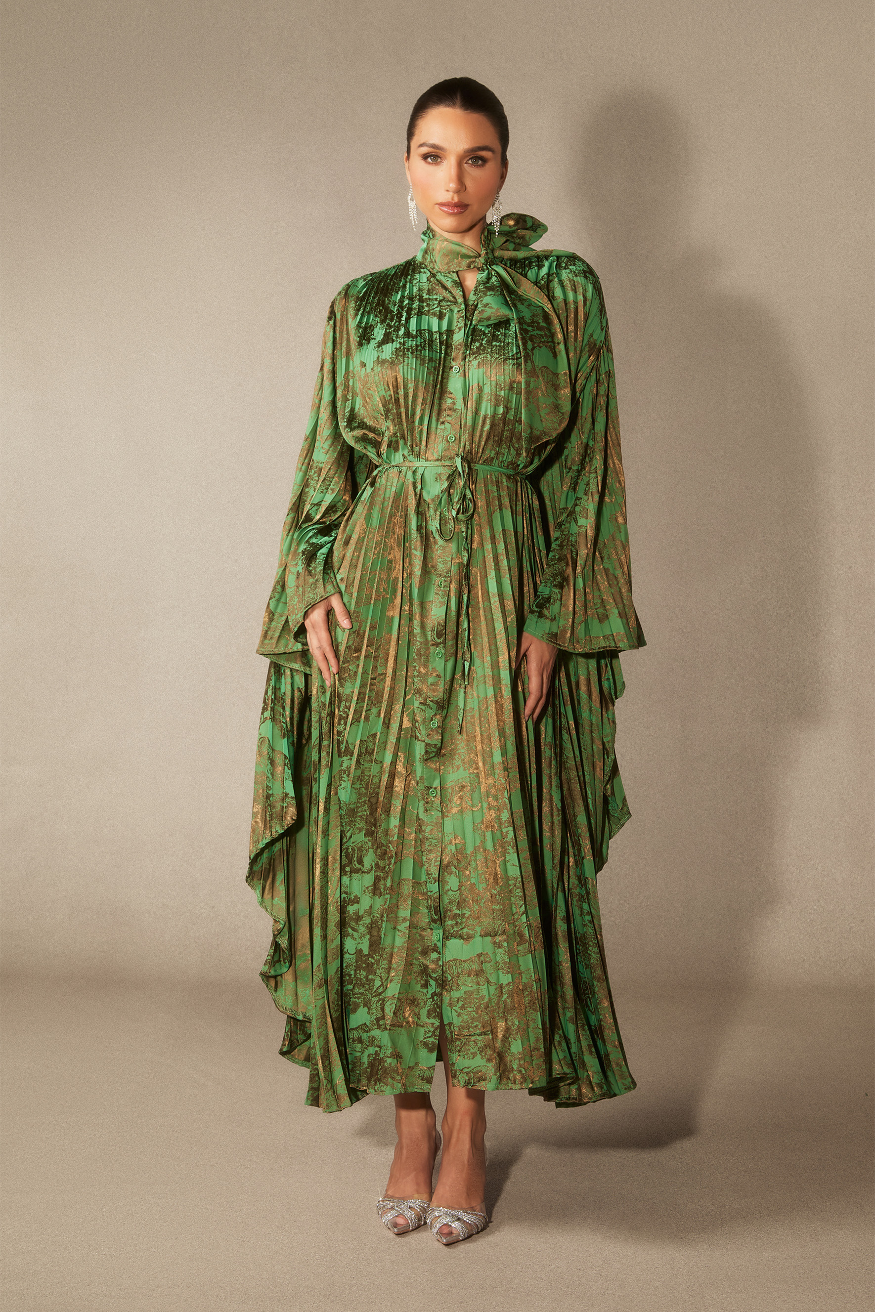 Leona Pleated Bodice Cape Sleeve Maxi Dress