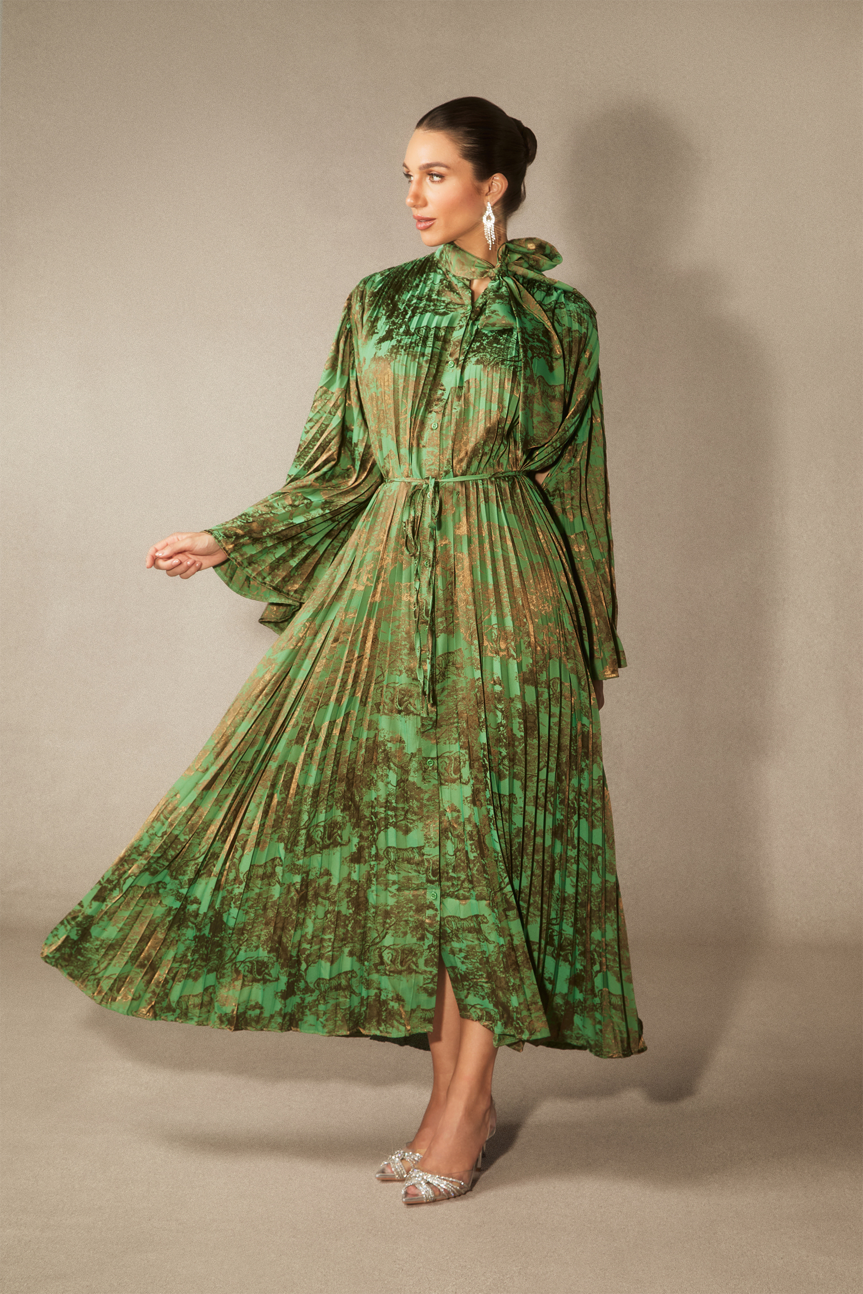 Leona Pleated Bodice Cape Sleeve Maxi Dress