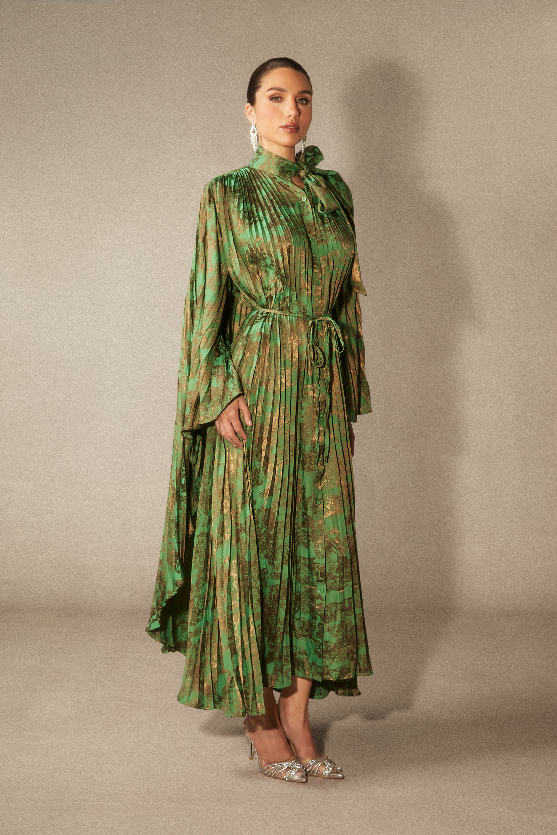 Leona Pleated Bodice Cape Sleeve Maxi Dress