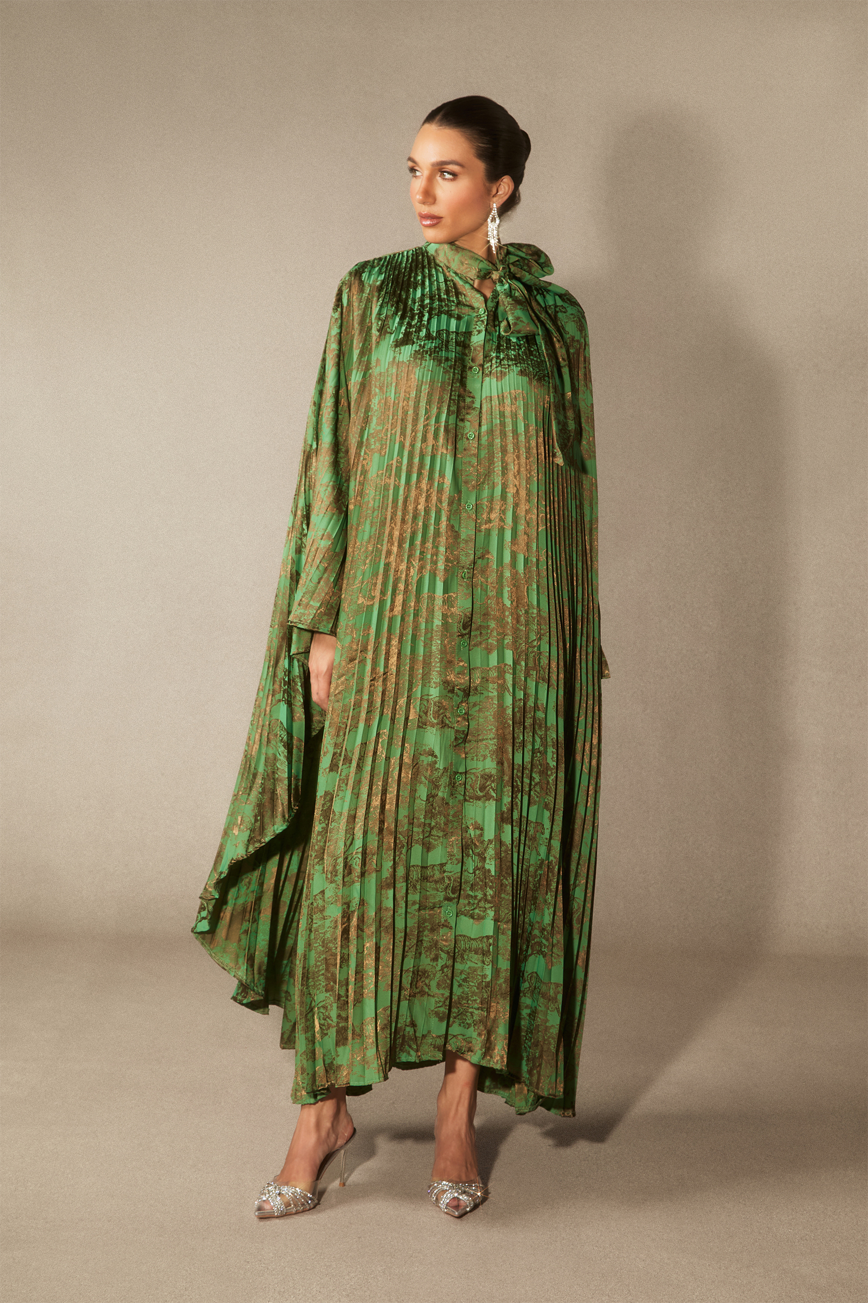 Leona Pleated Bodice Cape Sleeve Maxi Dress