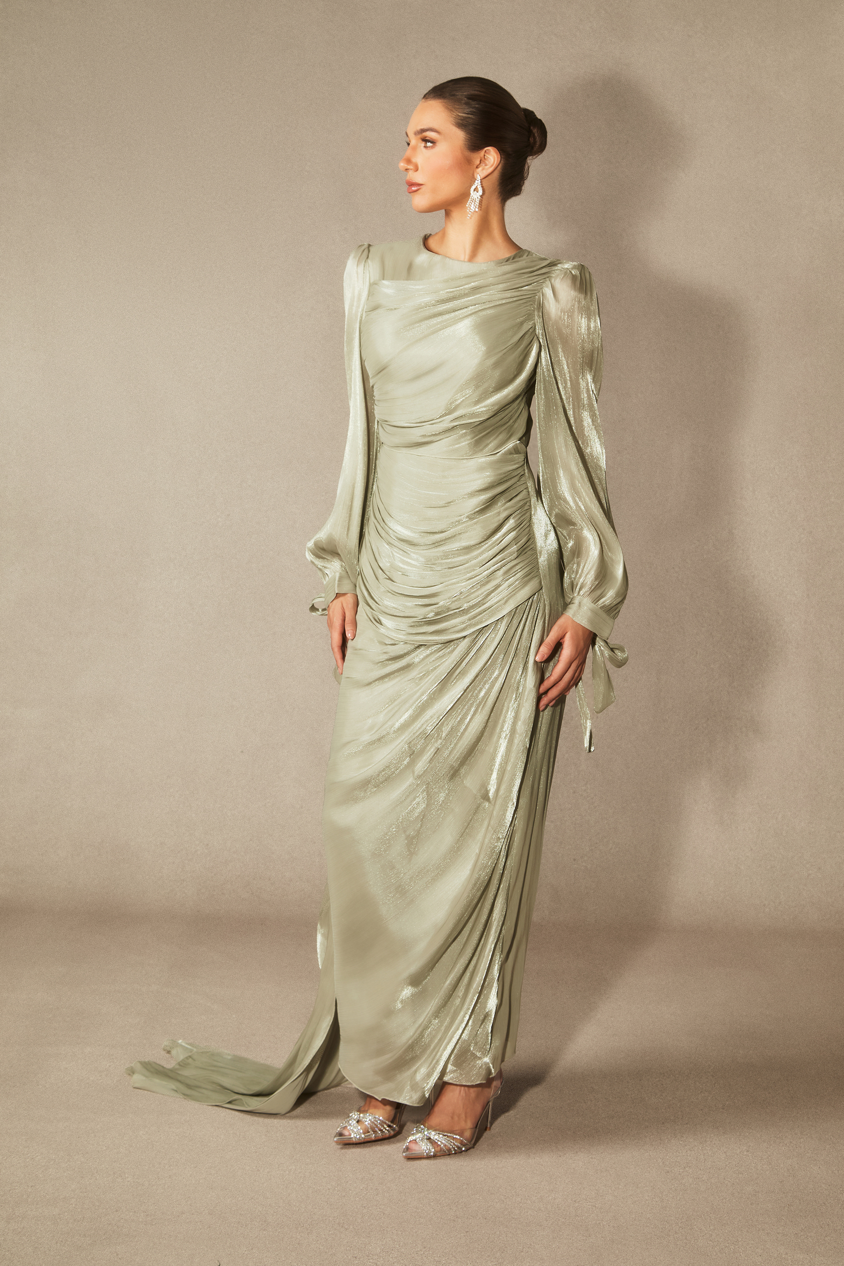 Sonia Lantern Sleeve Ruched Maxi Dress