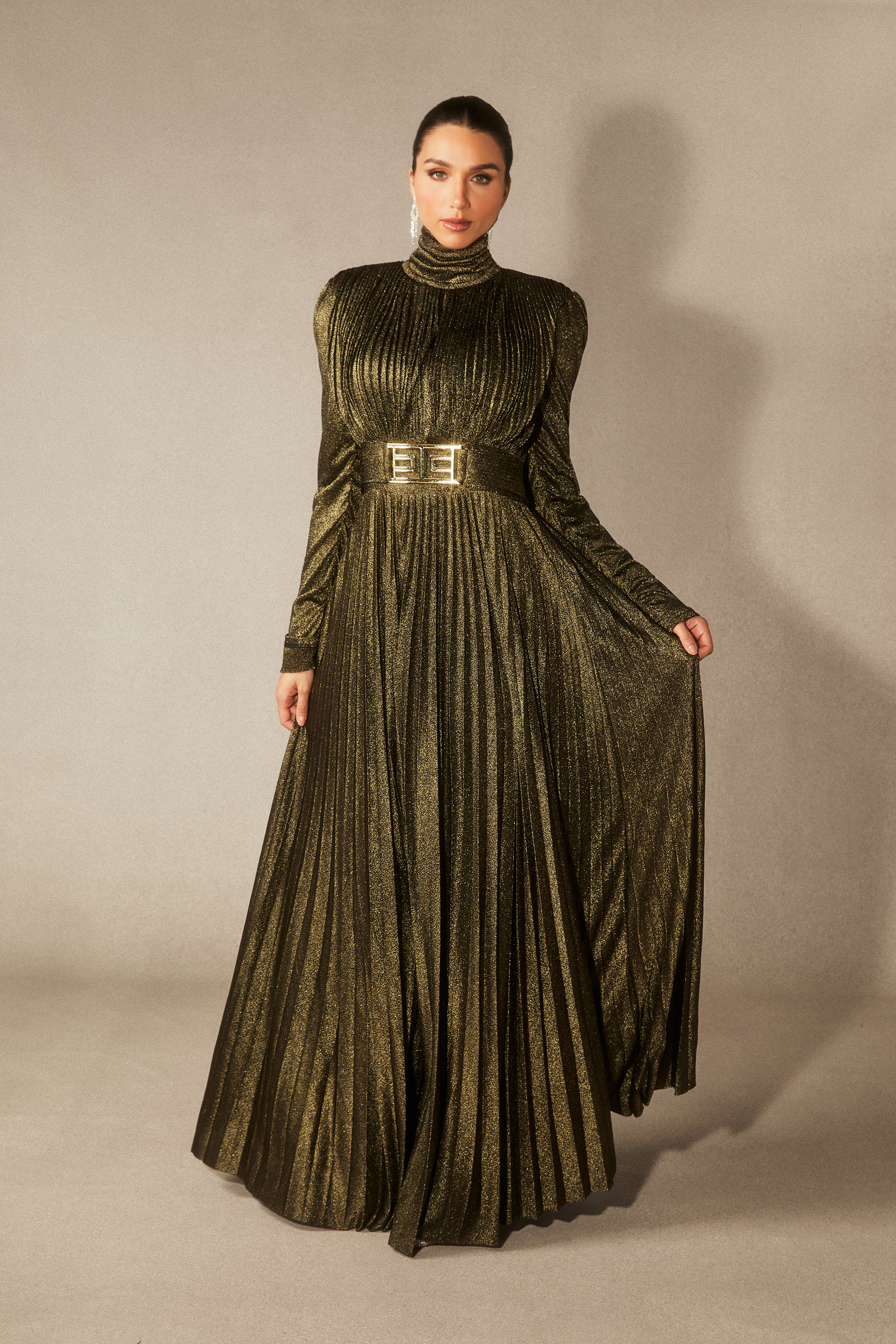 Elsie Metallic Pleated Belted Maxi Dress