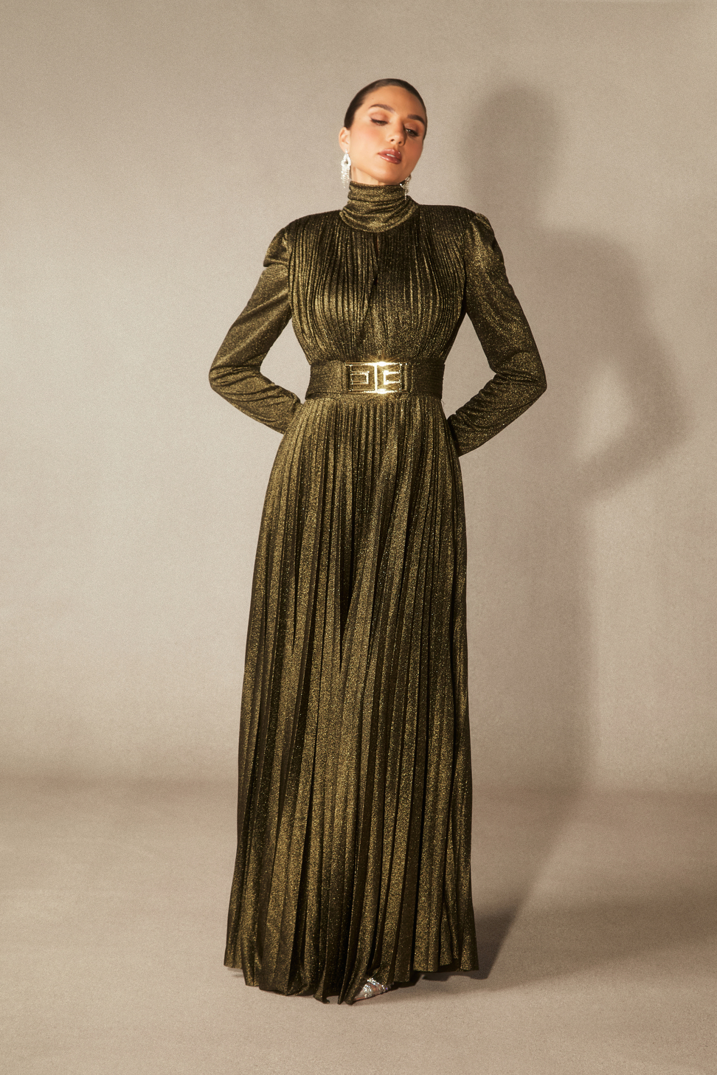 Elsie Metallic Pleated Belted Maxi Dress