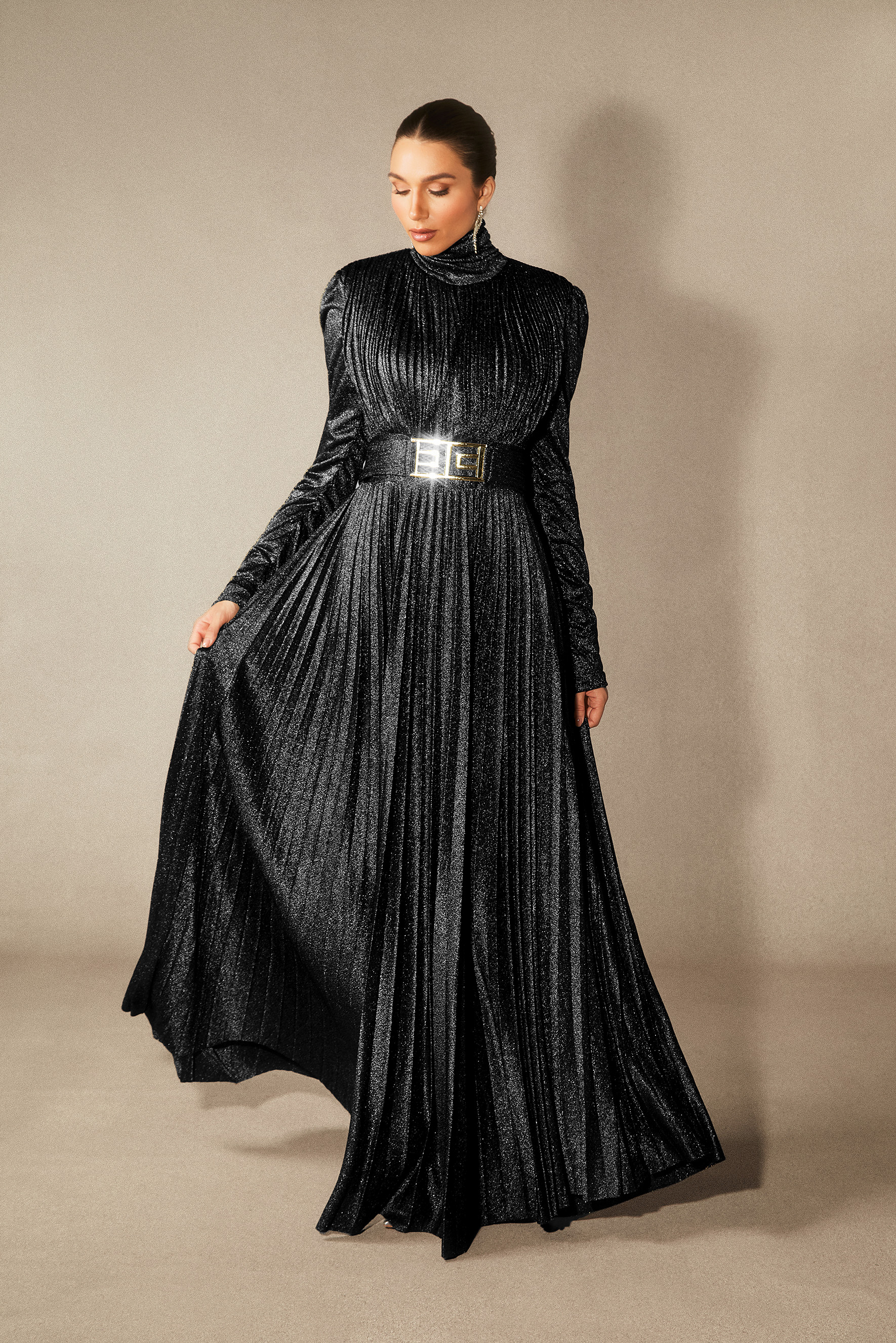 Elsie Metallic Pleated Belted Maxi Dress - Formal Maxi Dresses