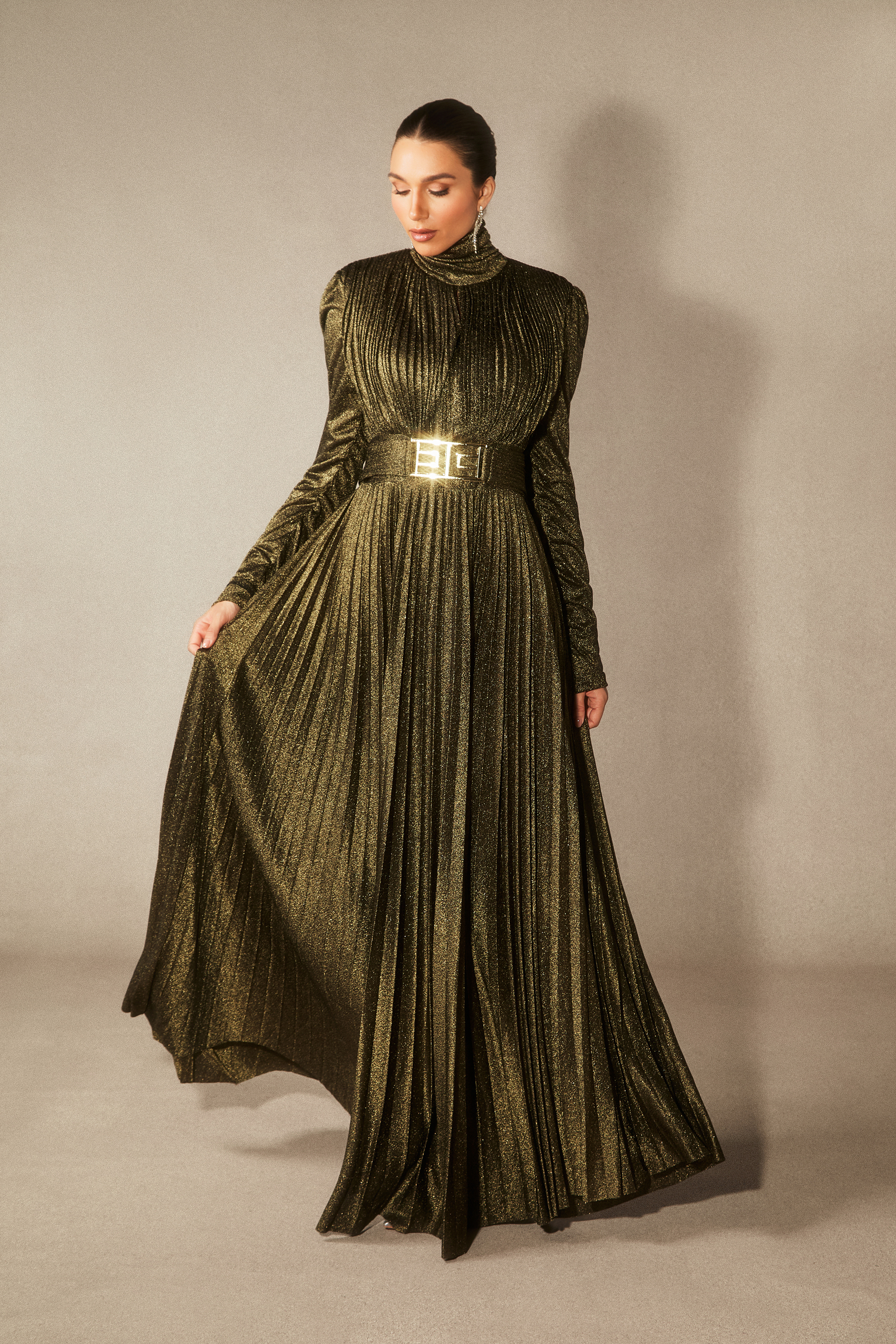 Elsie Metallic Pleated Belted Maxi Dress