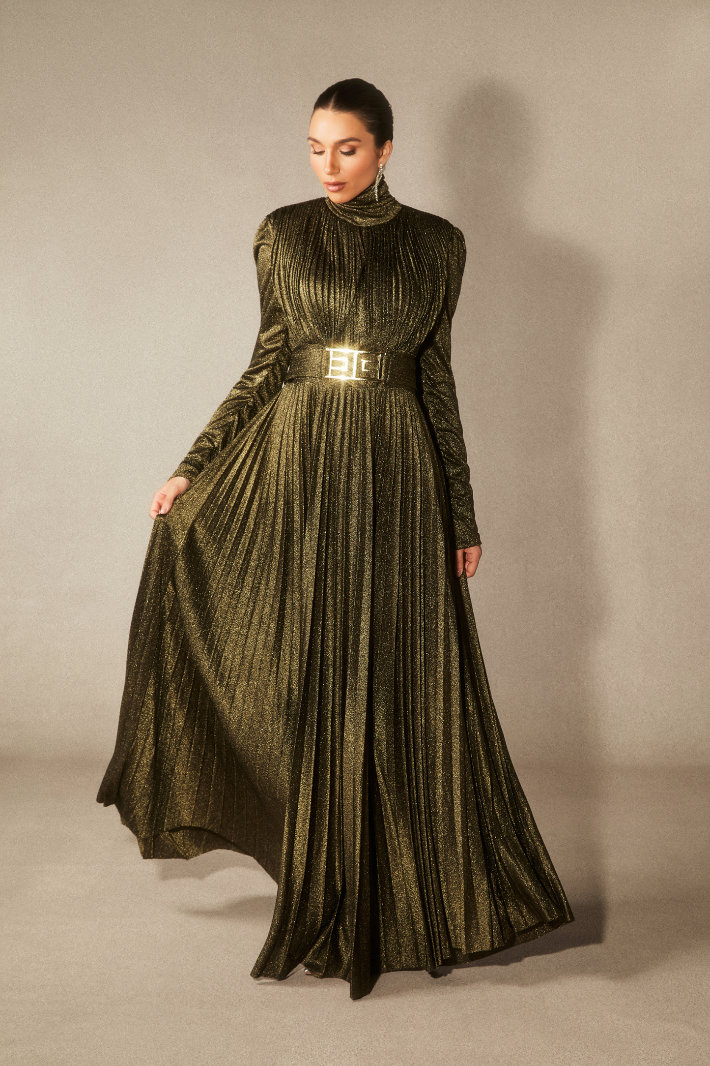Elsie Metallic Pleated Belted Maxi Dress