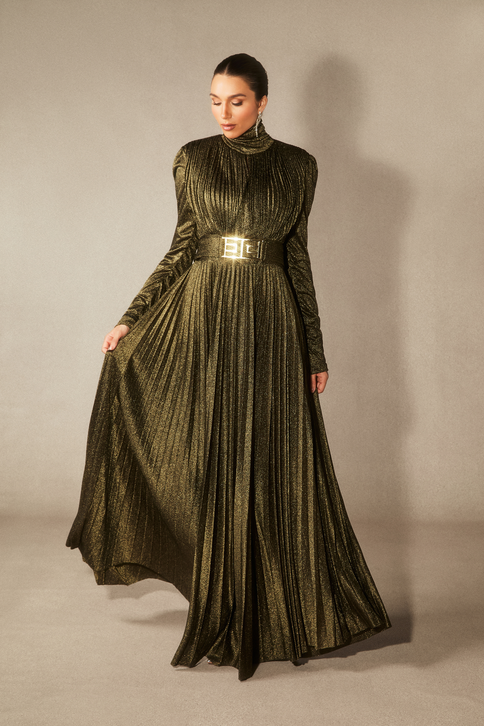 Elsie Metallic Pleated Belted Maxi Dress