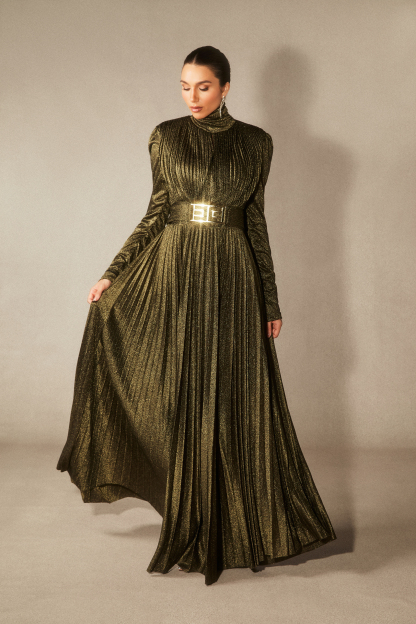 Elsie Metallic Pleated Belted Maxi Dress