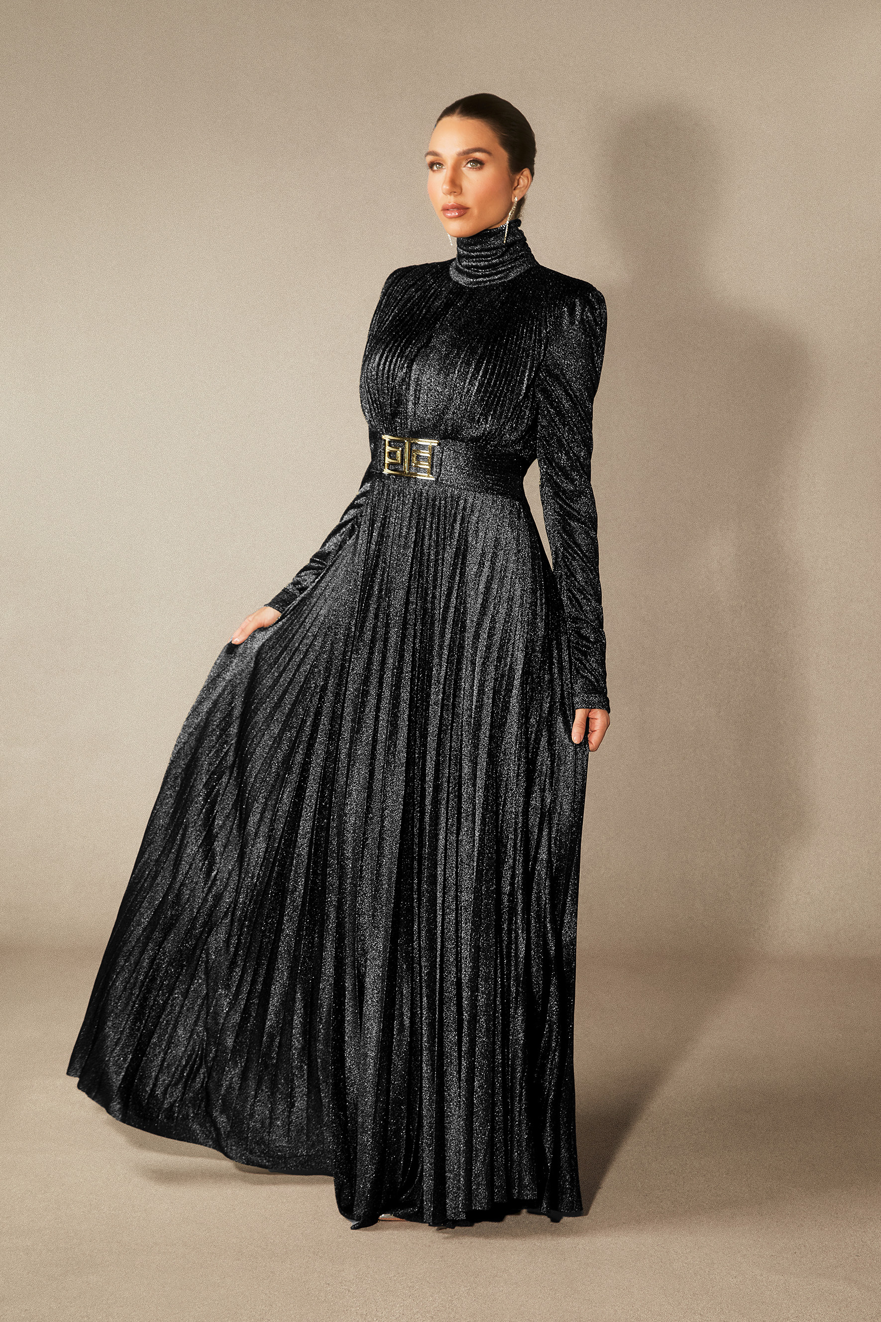 Elsie Metallic Pleated Belted Maxi Dress