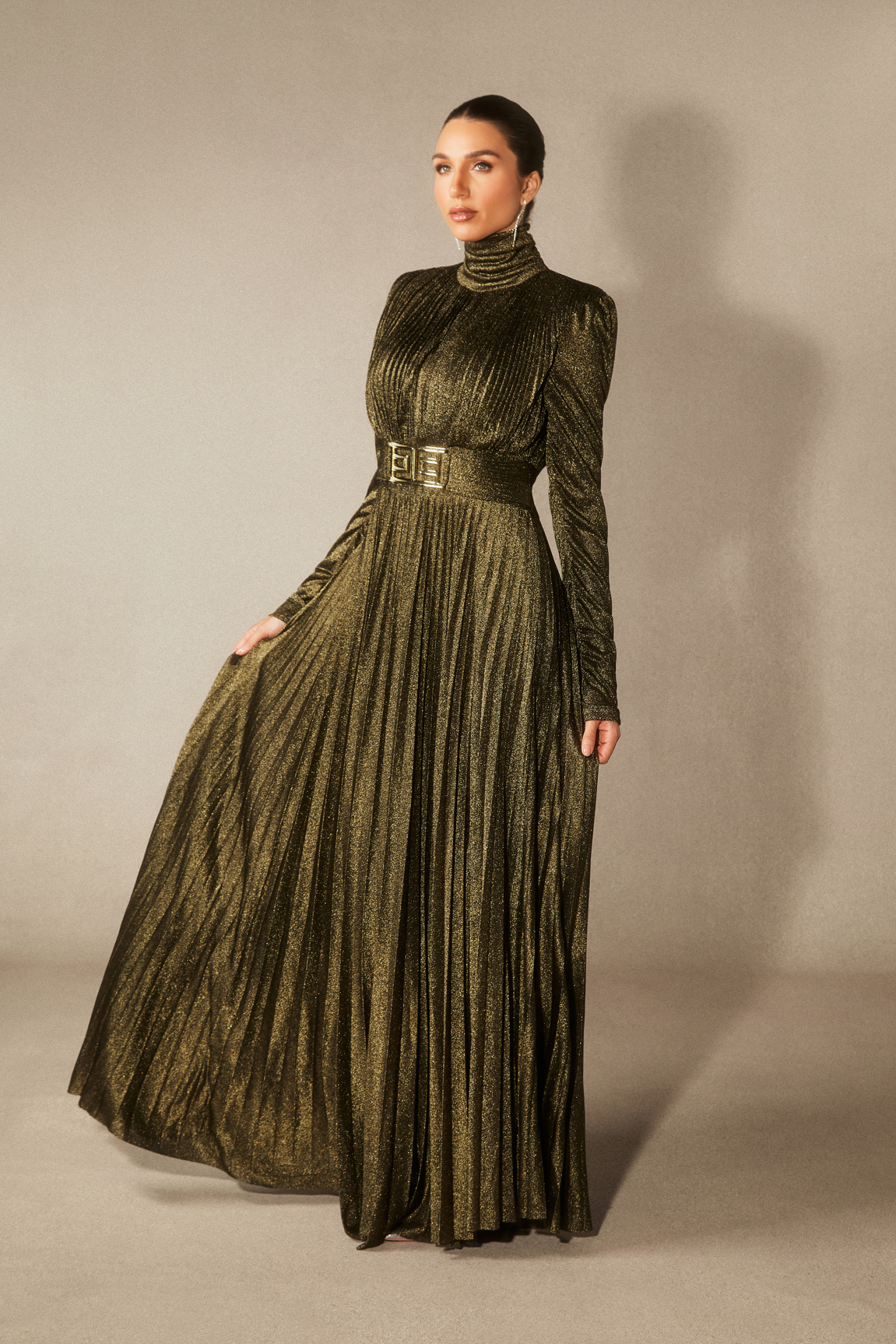 Elsie Metallic Pleated Belted Maxi Dress