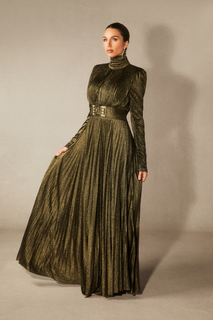 Elsie Metallic Pleated Belted Maxi Dress