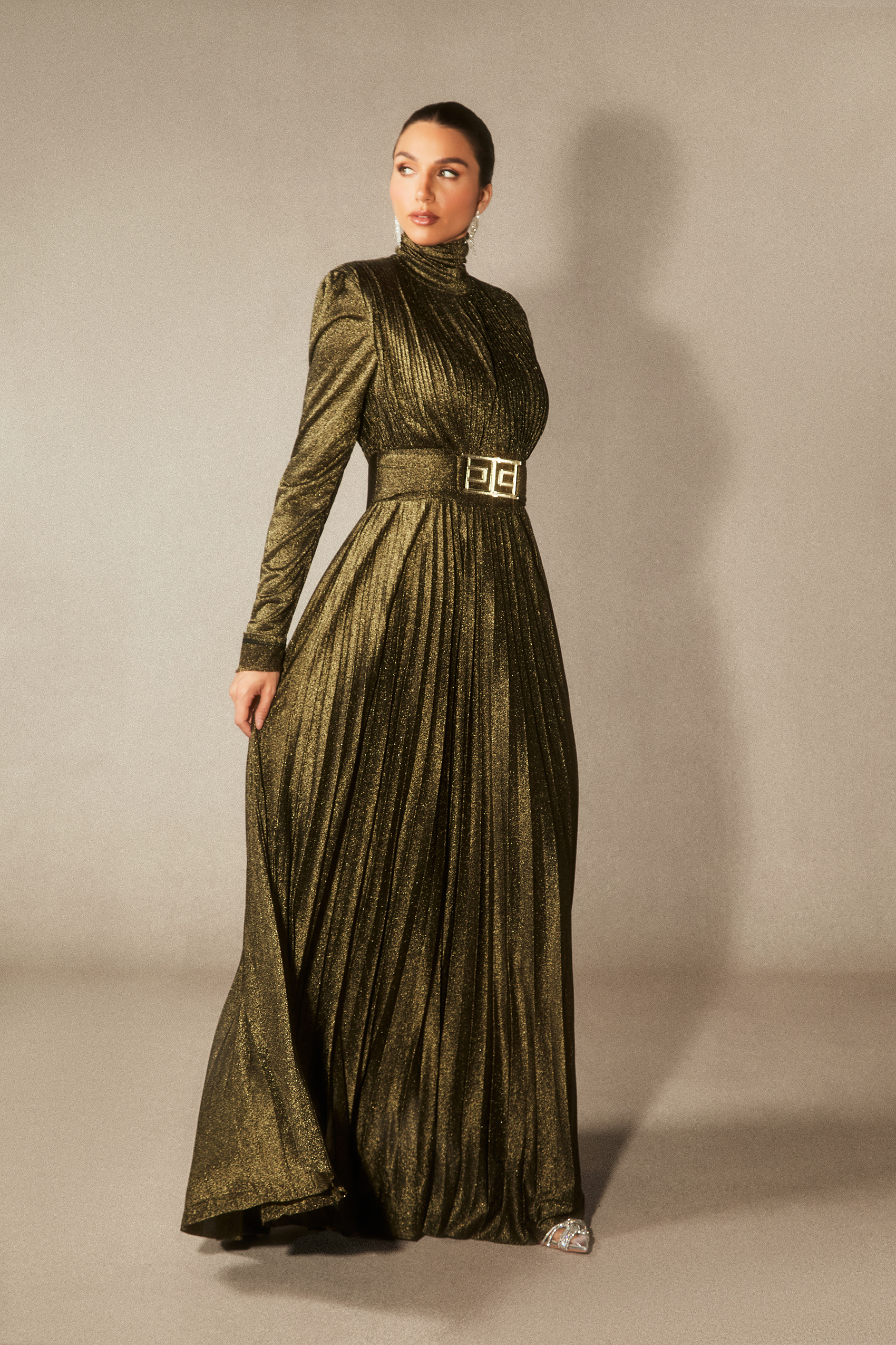 Elsie Metallic Pleated Belted Maxi Dress