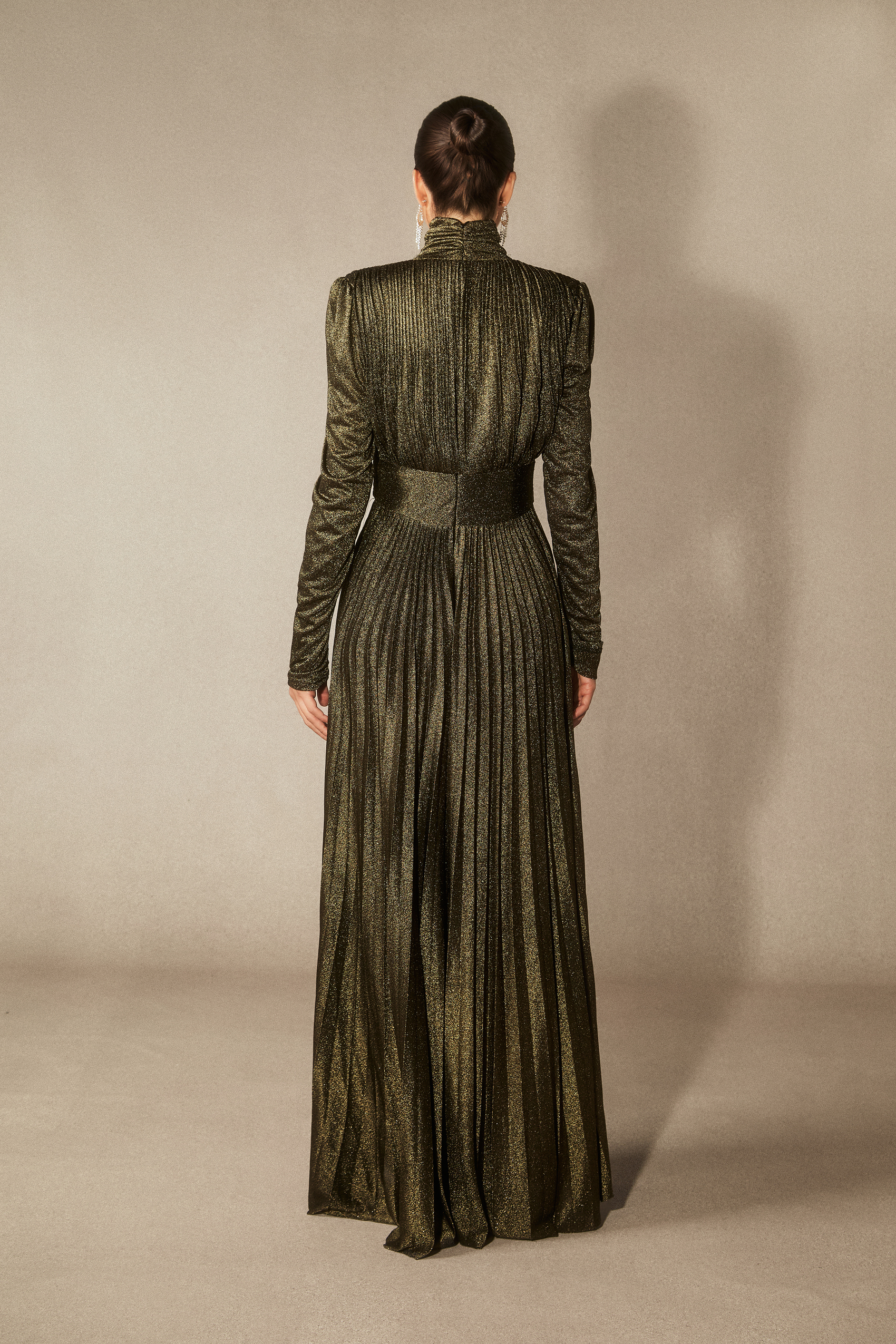 Elsie Metallic Pleated Belted Maxi Dress