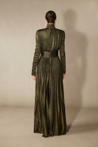 Elsie Metallic Pleated Belted Maxi Dress
