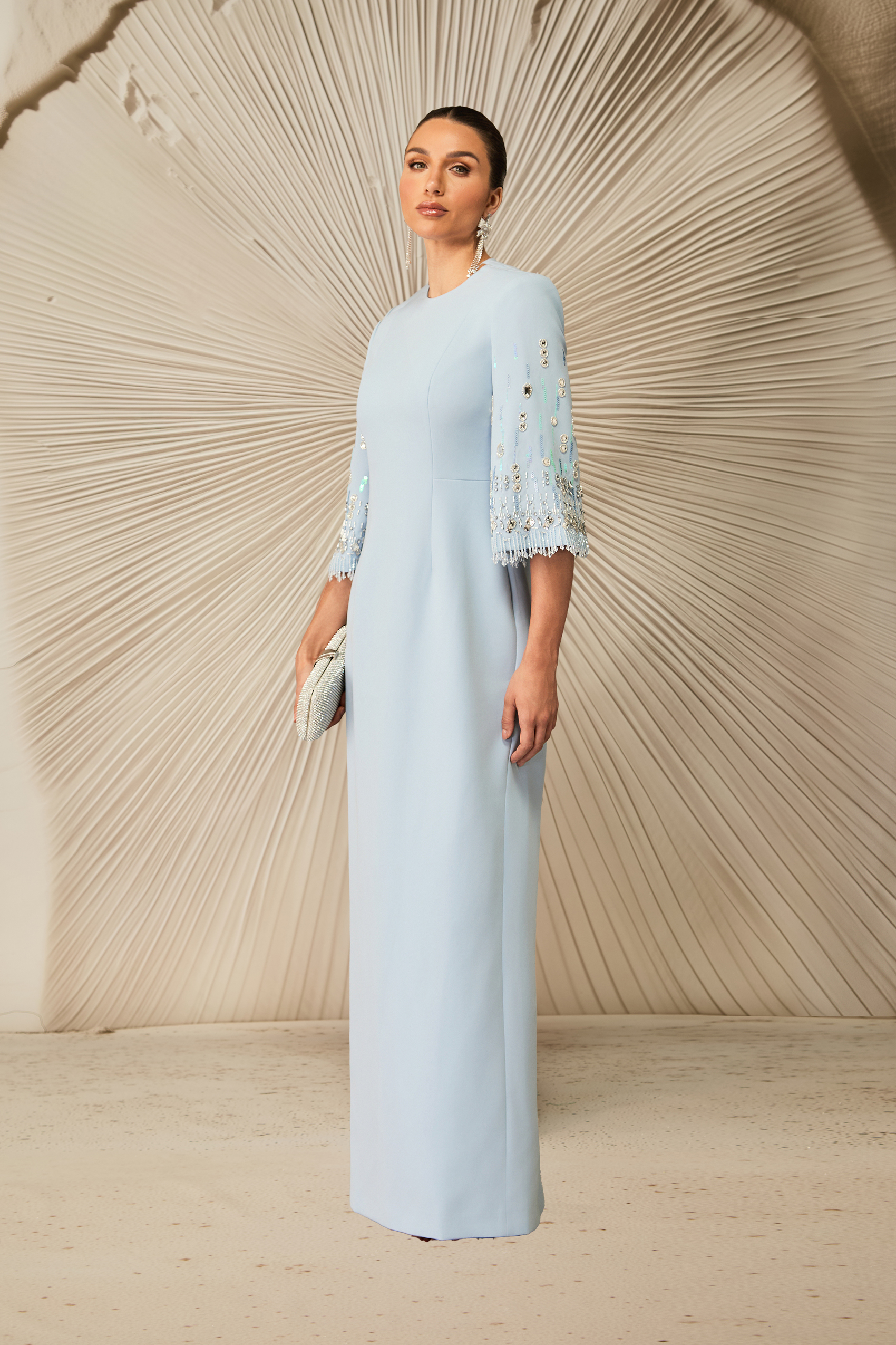 Julia Crew Neck Embroidered Cuff Maxi Dress