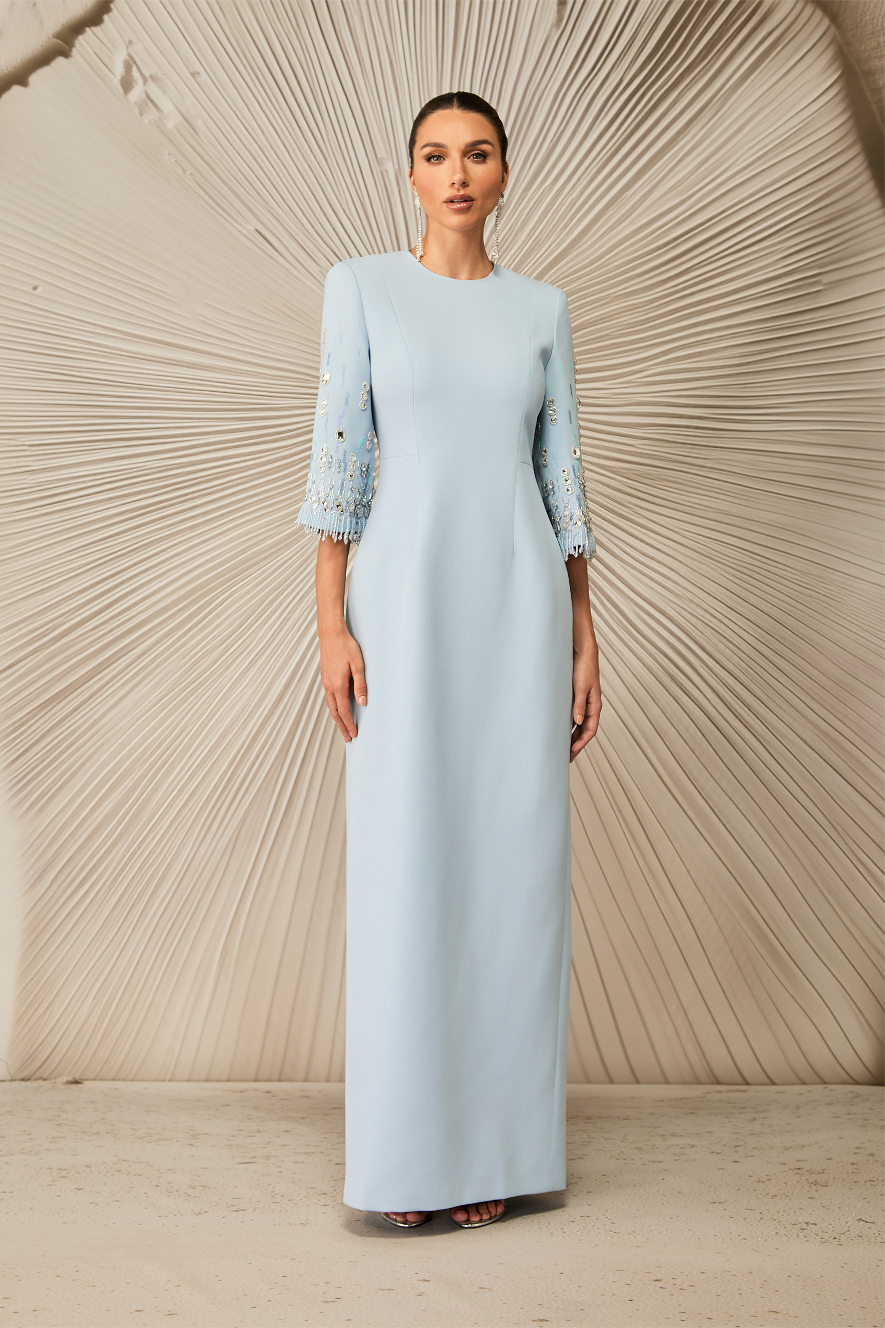 Julia Crew Neck Embroidered Cuff Maxi Dress
