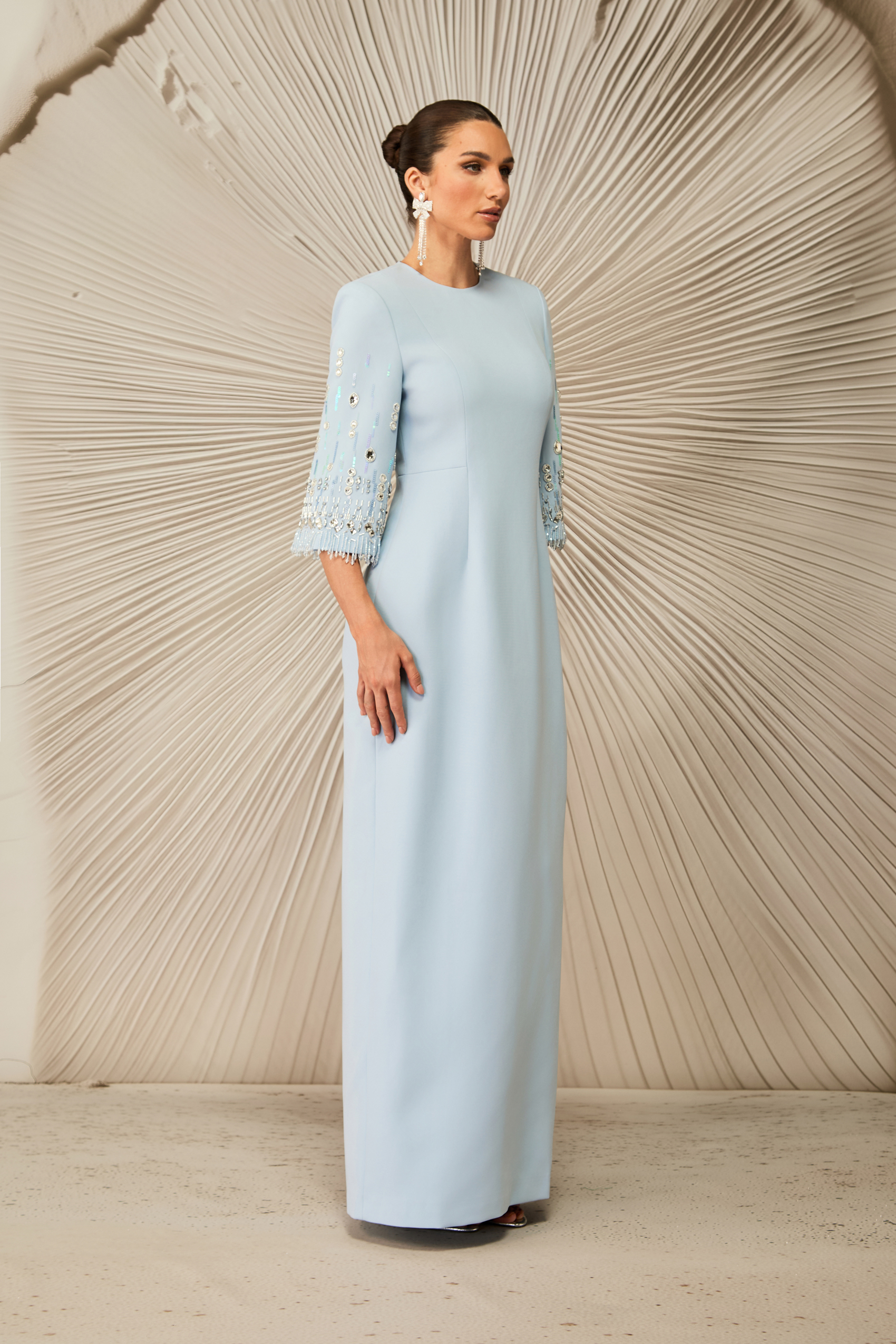 Julia Crew Neck Embroidered Cuff Maxi Dress