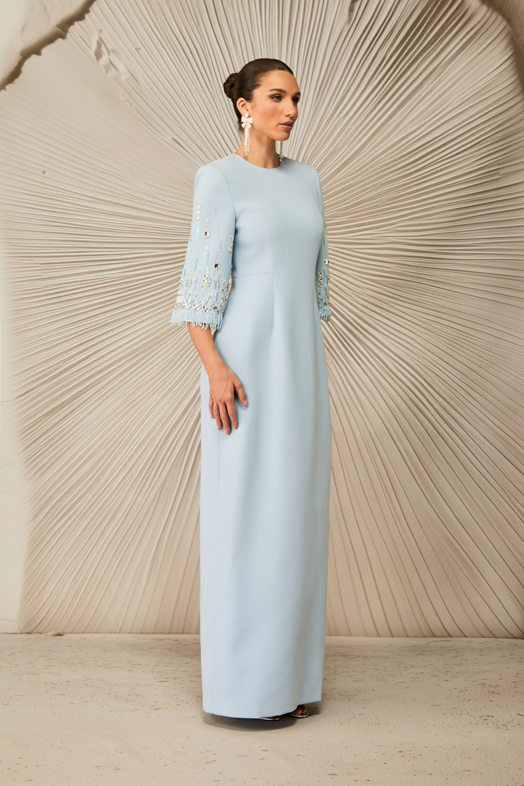 Julia Crew Neck Embroidered Cuff Maxi Dress