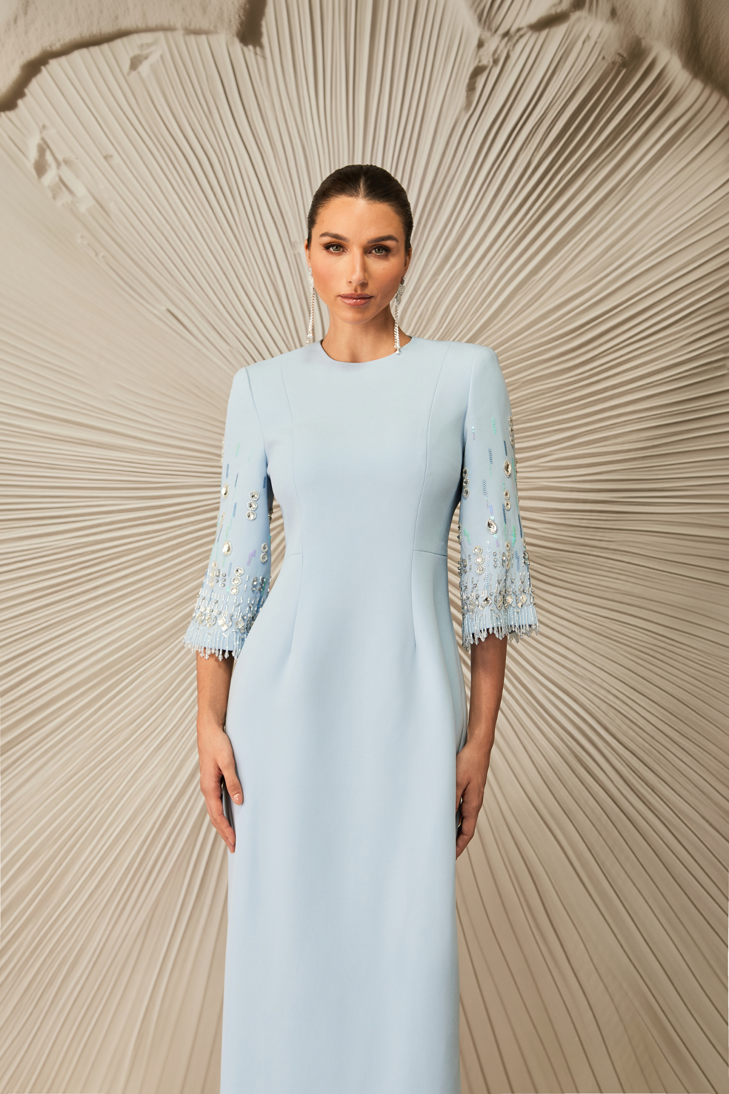 Julia Crew Neck Embroidered Cuff Maxi Dress